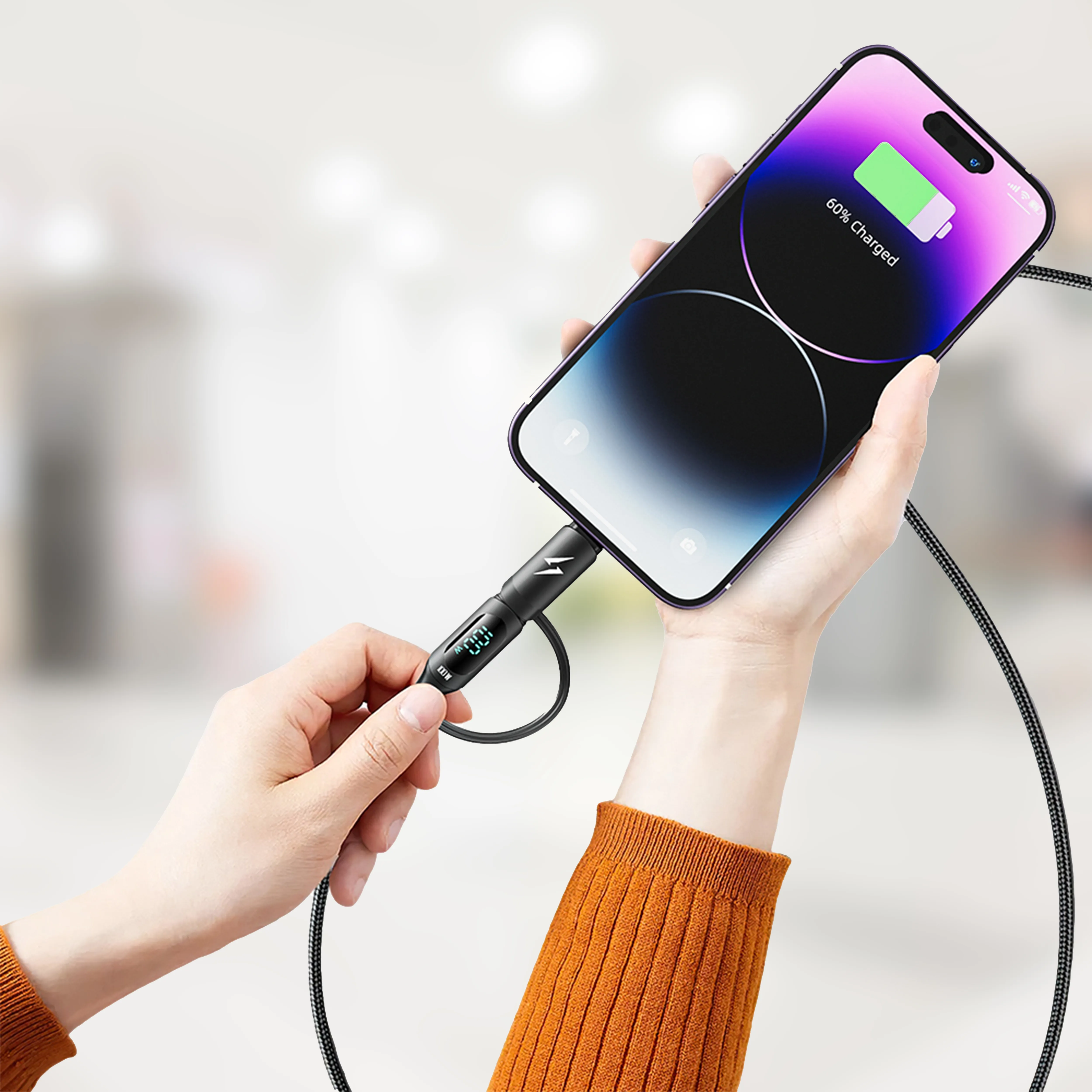 2'si 1 Arada Dijital Ekranlı Hızlı Şarj Kablosu, 100W PD Type-C ve 20W Lightning, 1.2 Metre