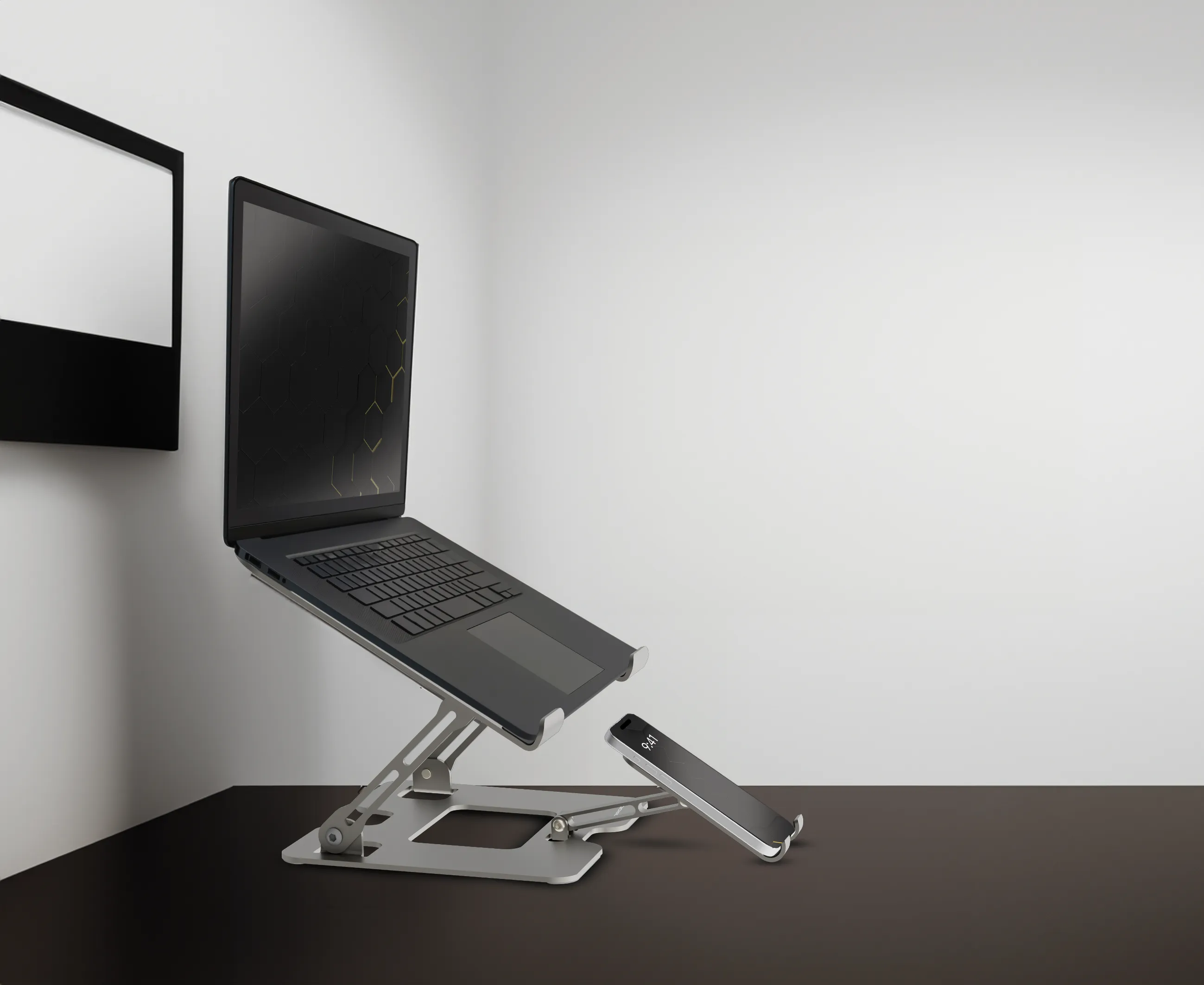 2'si 1 Arada Katlanabilir Laptop ve Telefon Standı, Ayarlanabilir Yükseklik/Açı, Karbon Çelik Stand