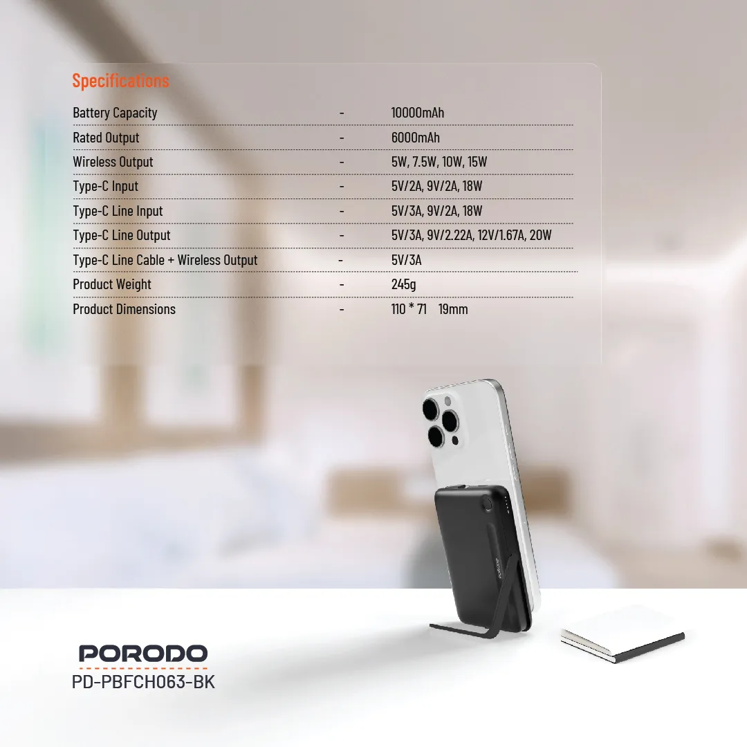 PB065 10000mAh MagSafe Powerbank, Dahili Type-C Kablolu ve Standlı, 15W Kablosuz, 20W PD Hızlı Şarj