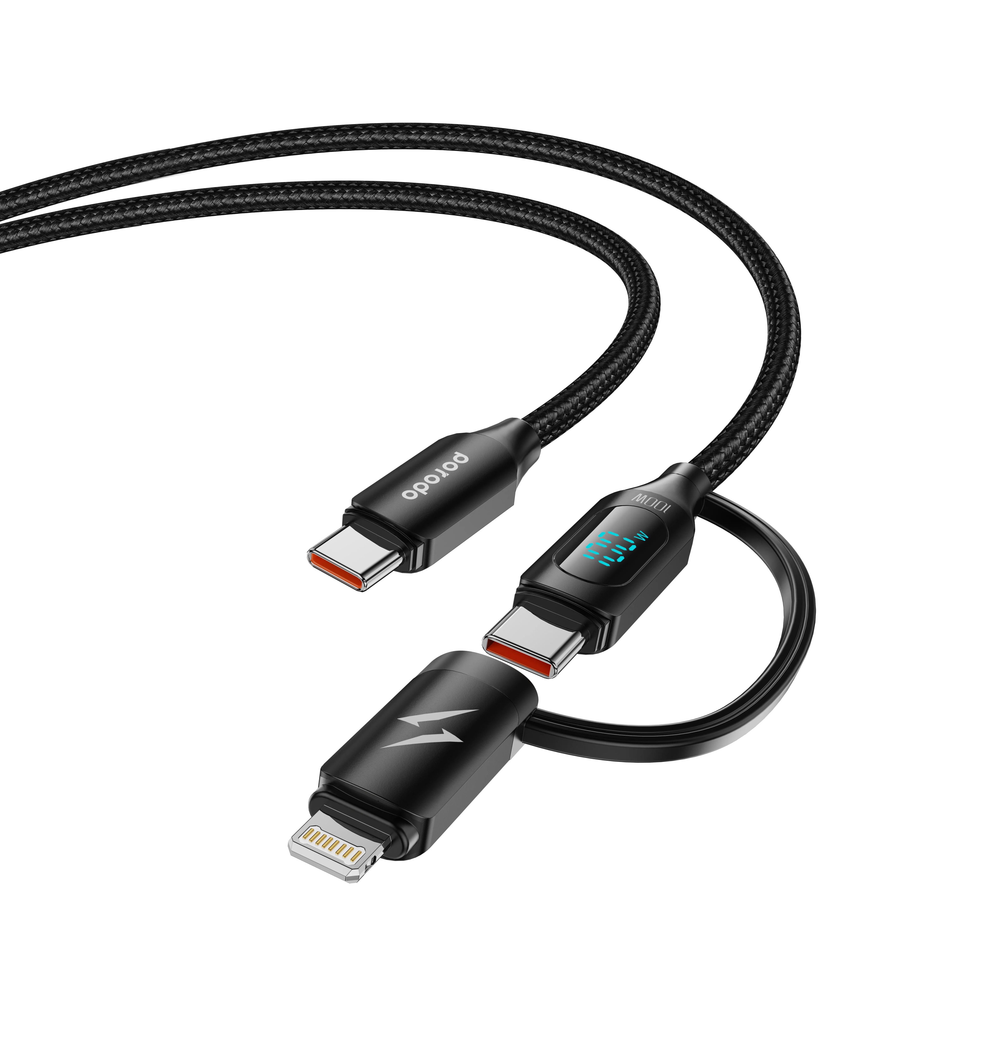 2'si 1 Arada Dijital Ekranlı Hızlı Şarj Kablosu, 100W PD Type-C ve 20W Lightning, 1.2 Metre