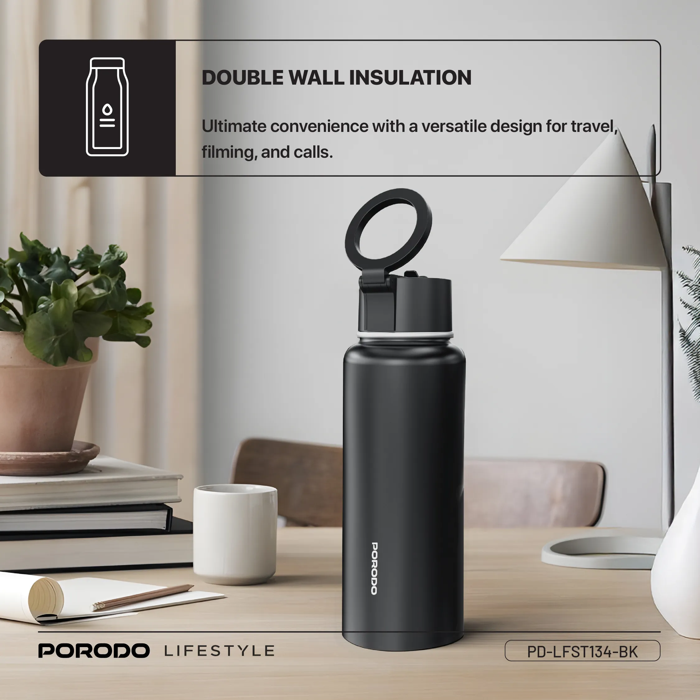 Lifestyle 1L Manyetik Telefon Tutuculu Termos Suluk, 360° Dönebilen MagSafe Uyumlu Çelik Matara