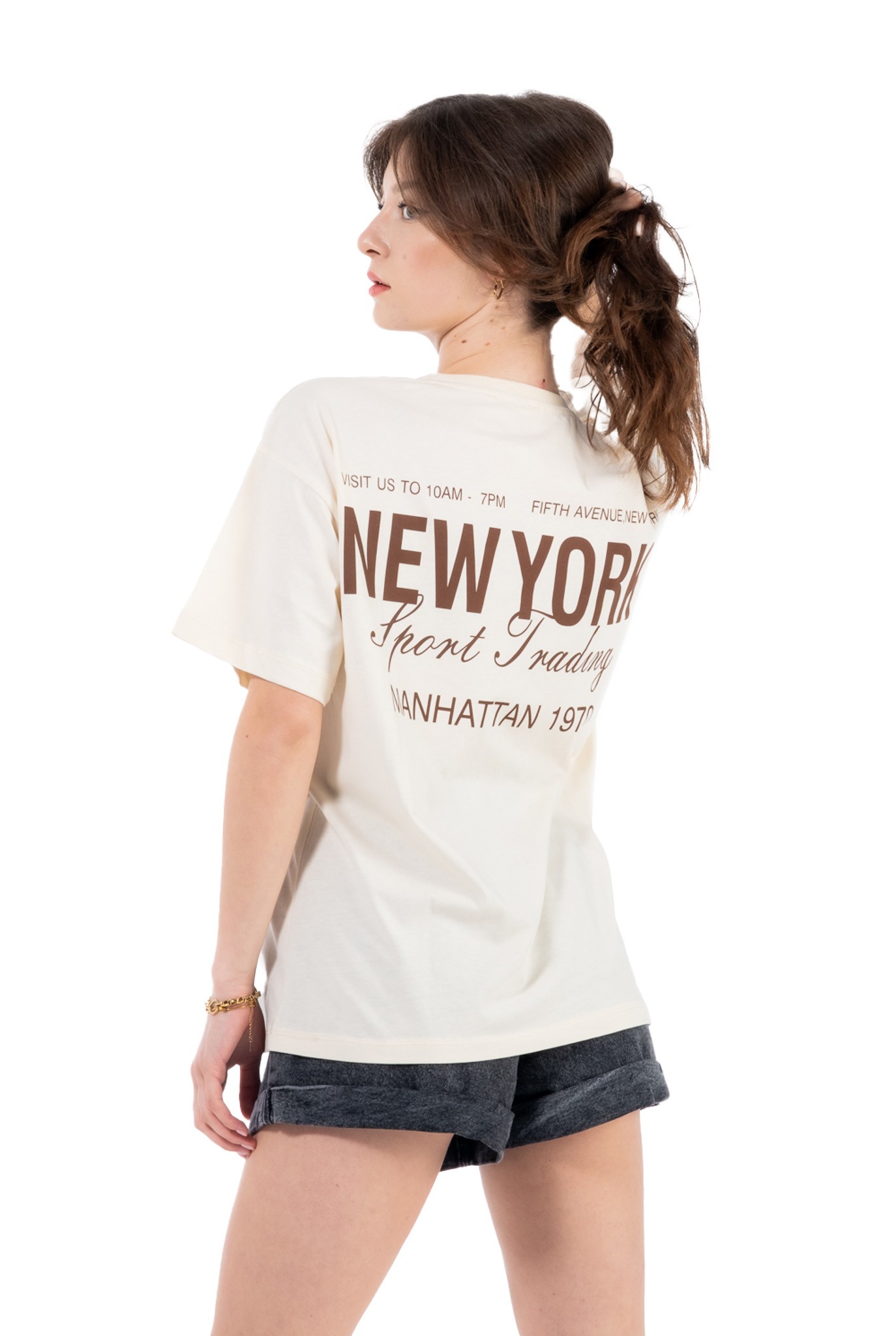 Kadın Bisiklet Yaka Sırt Baskılı Oversize T-shirt