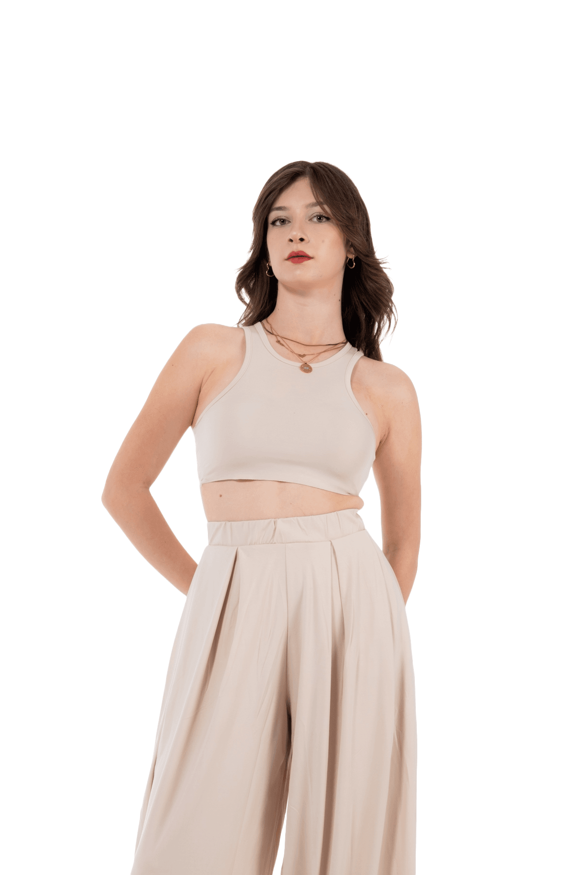 Crop Pantolon Takım - Krem