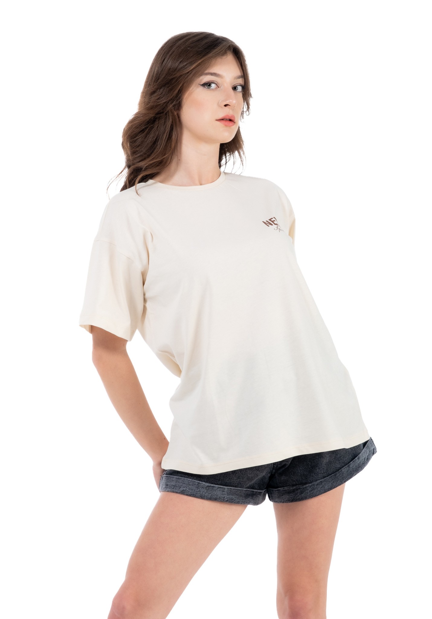 Kadın Bisiklet Yaka Sırt Baskılı Oversize T-shirt