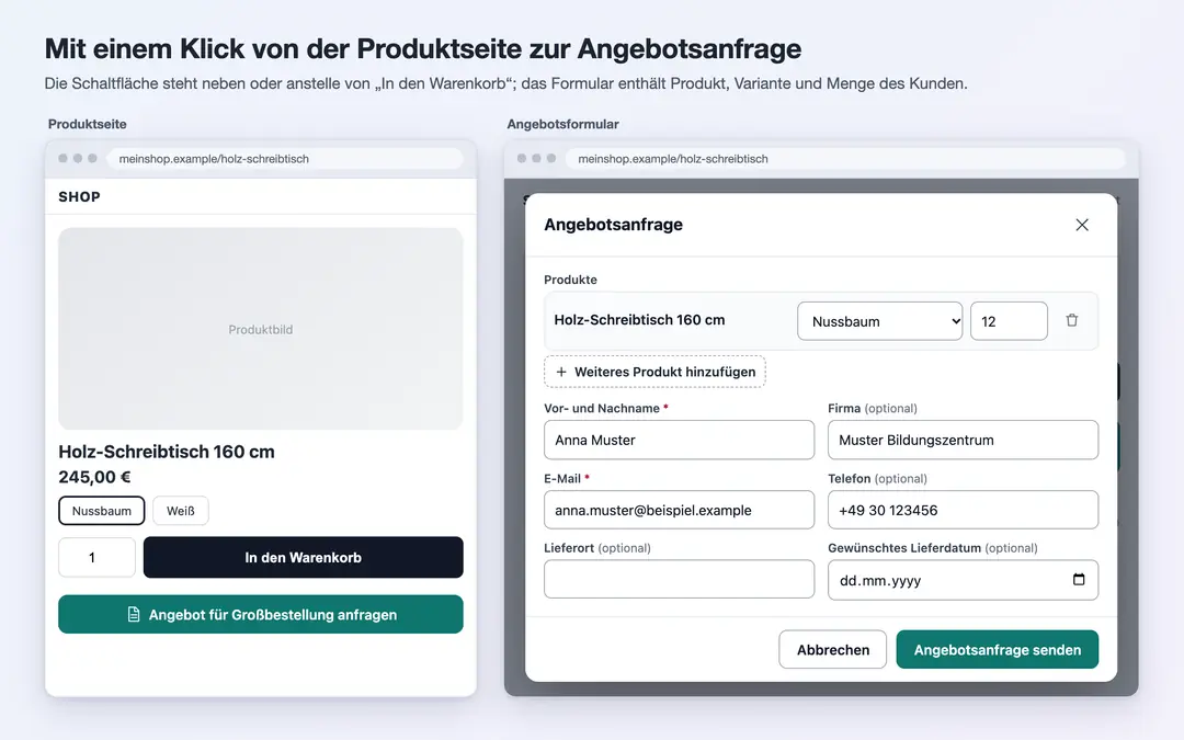 QuoteMe: Angebotsschaltfläche auf der Produktseite und Angebotsformular