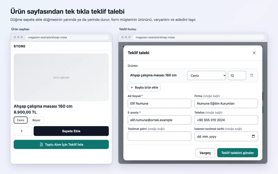 QuoteMe: ürün sayfasında teklif düğmesi ve teklif formu