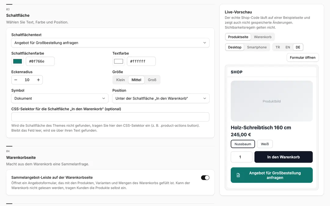 QuoteMe-Schaltflächendesign und Live-Vorschau