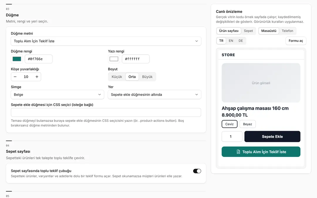 QuoteMe düğme tasarımı ve canlı önizleme