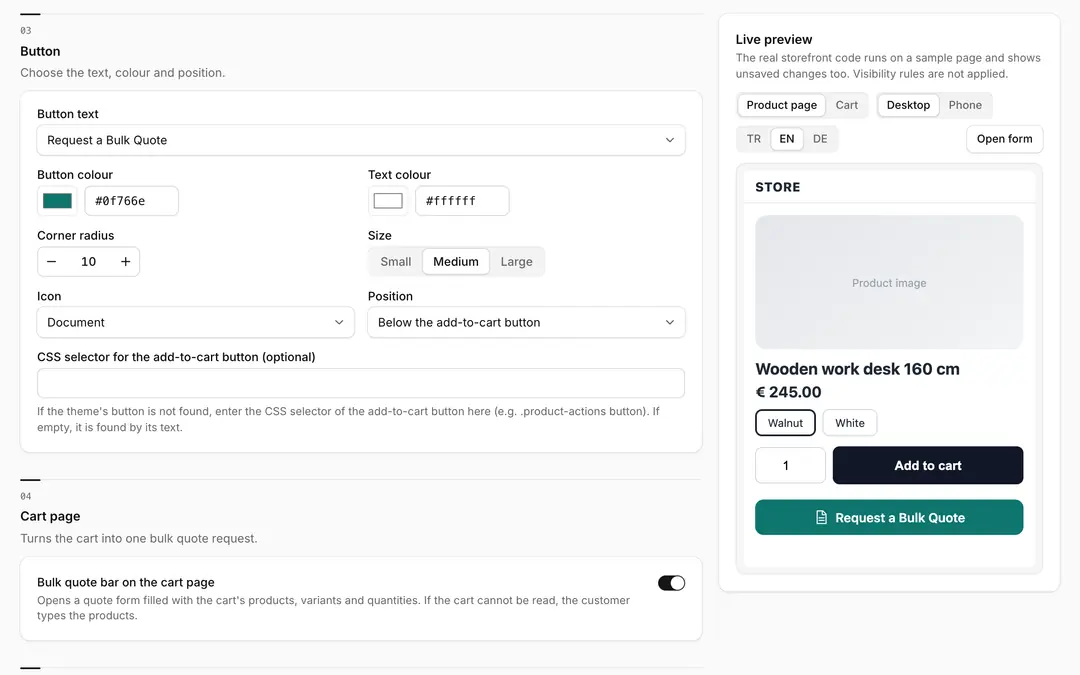 QuoteMe button design and live preview