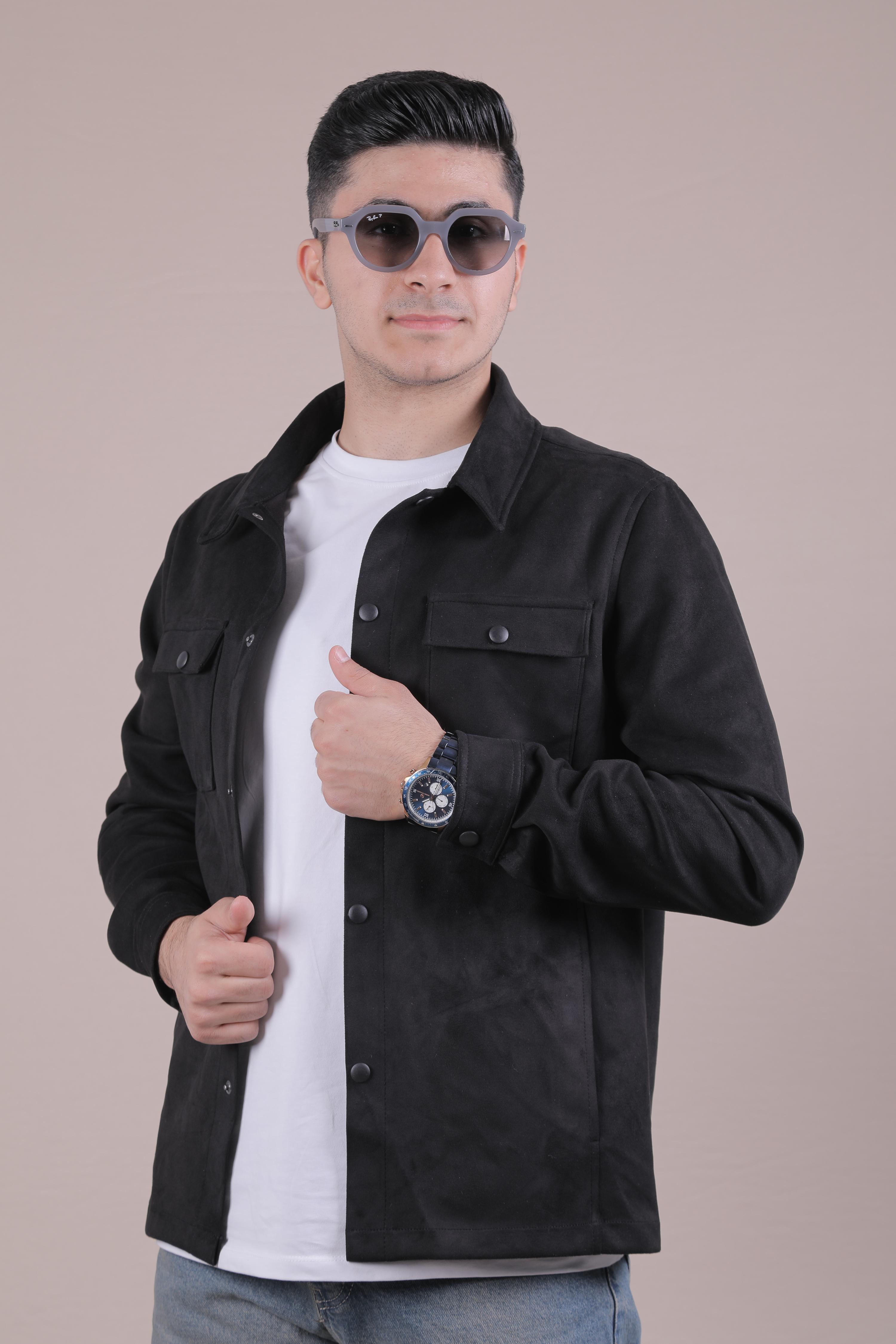 Çift Cepli Çıtçıtlı Erkek Süet Gömlek - Siyah