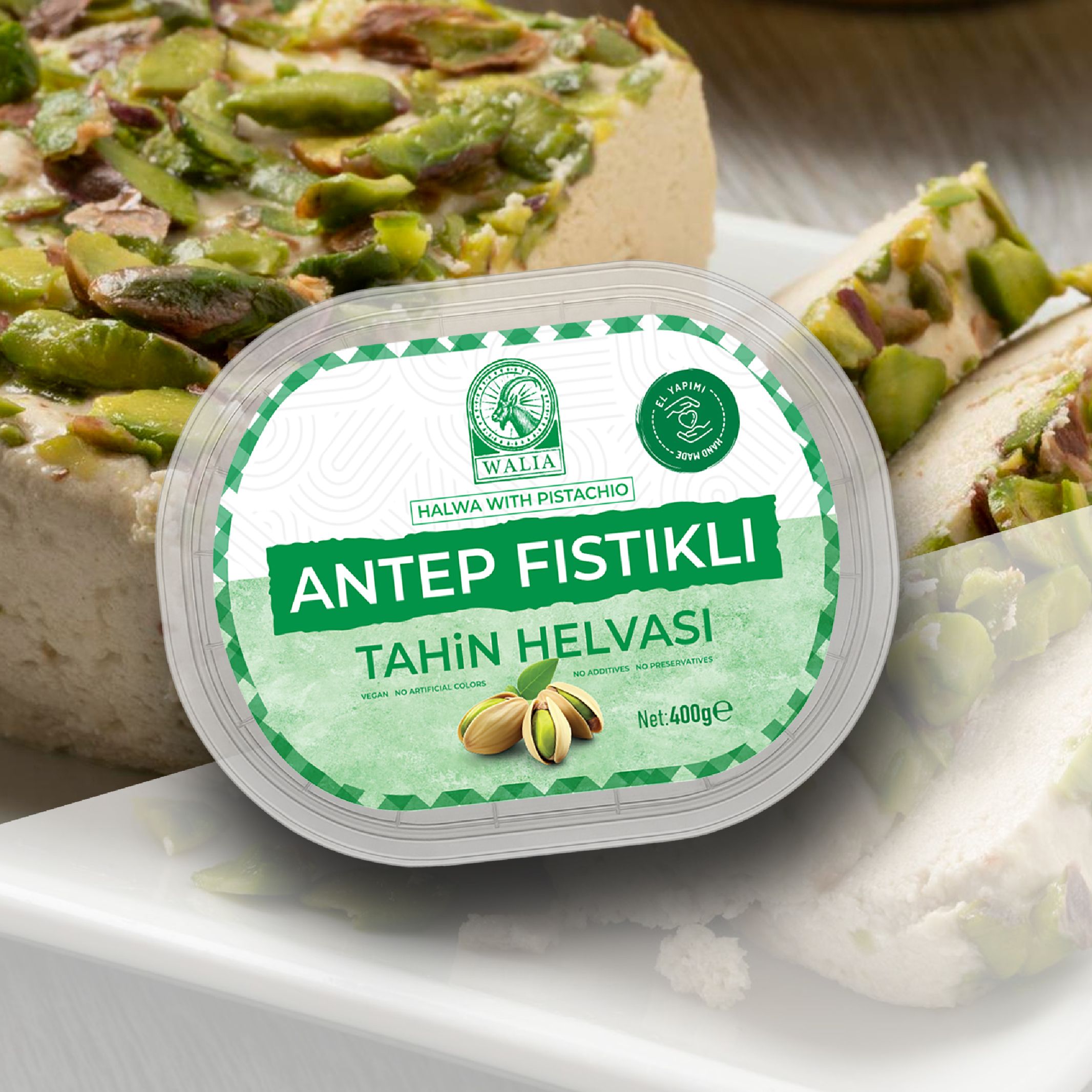 Antep Fıstıklı El Yapımı Tahin Helvası Rafine Şekersiz | 400g – Katkısız, Hurmayla Tatlandırılmış