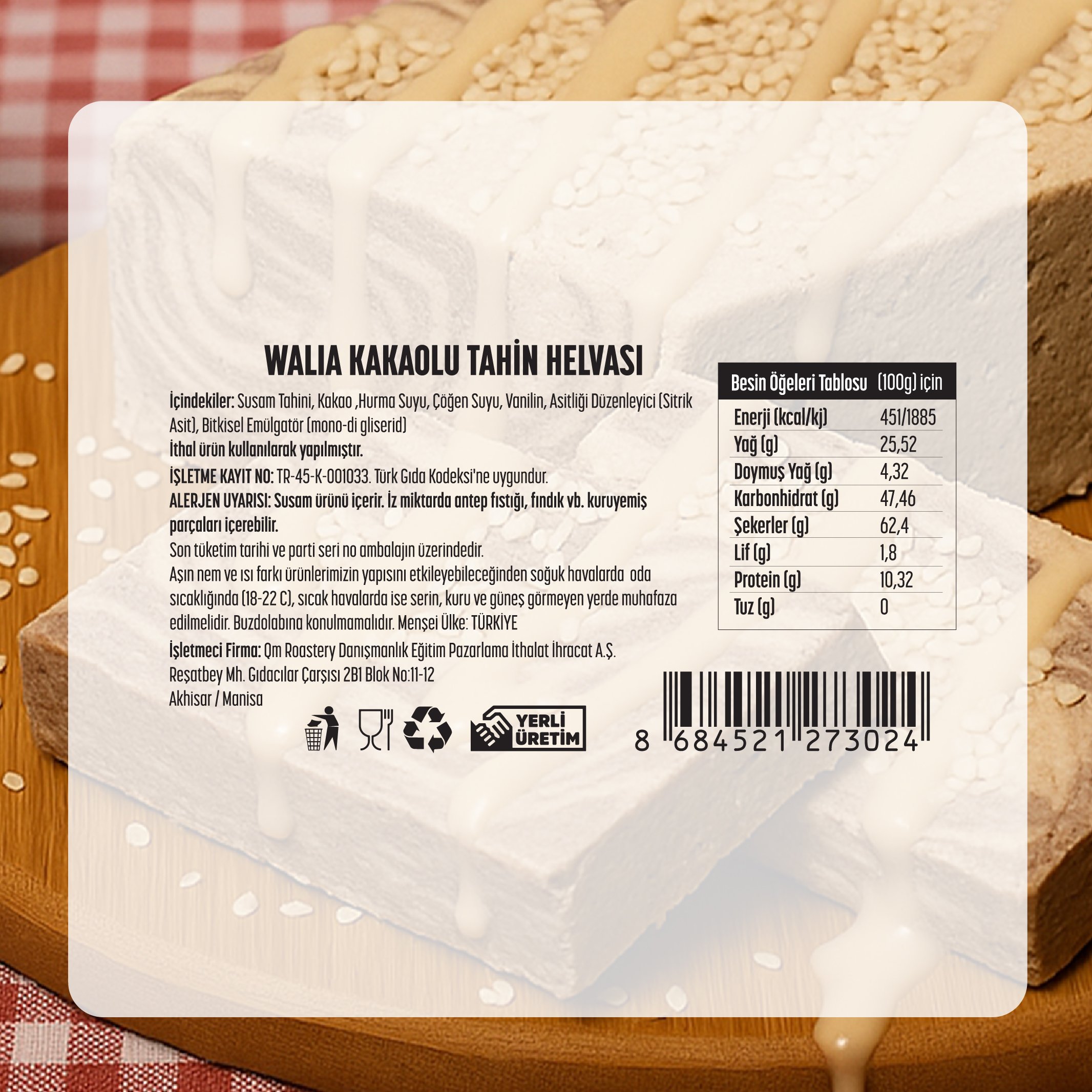 Kakaolu El Yapımı Tahin Helvası Rafine Şekersiz 400g Hurma Suyu ile Tatlandırılmış, Katkısız