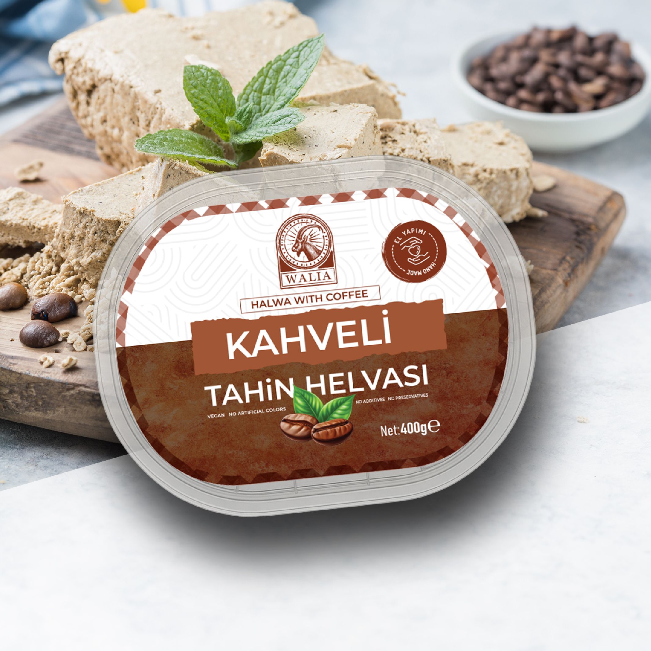 Kahveli Rafine Şekersiz El Yapımı Taze Tahin Helvası | 400g Hurma Suyuyla Tatlandırılmış