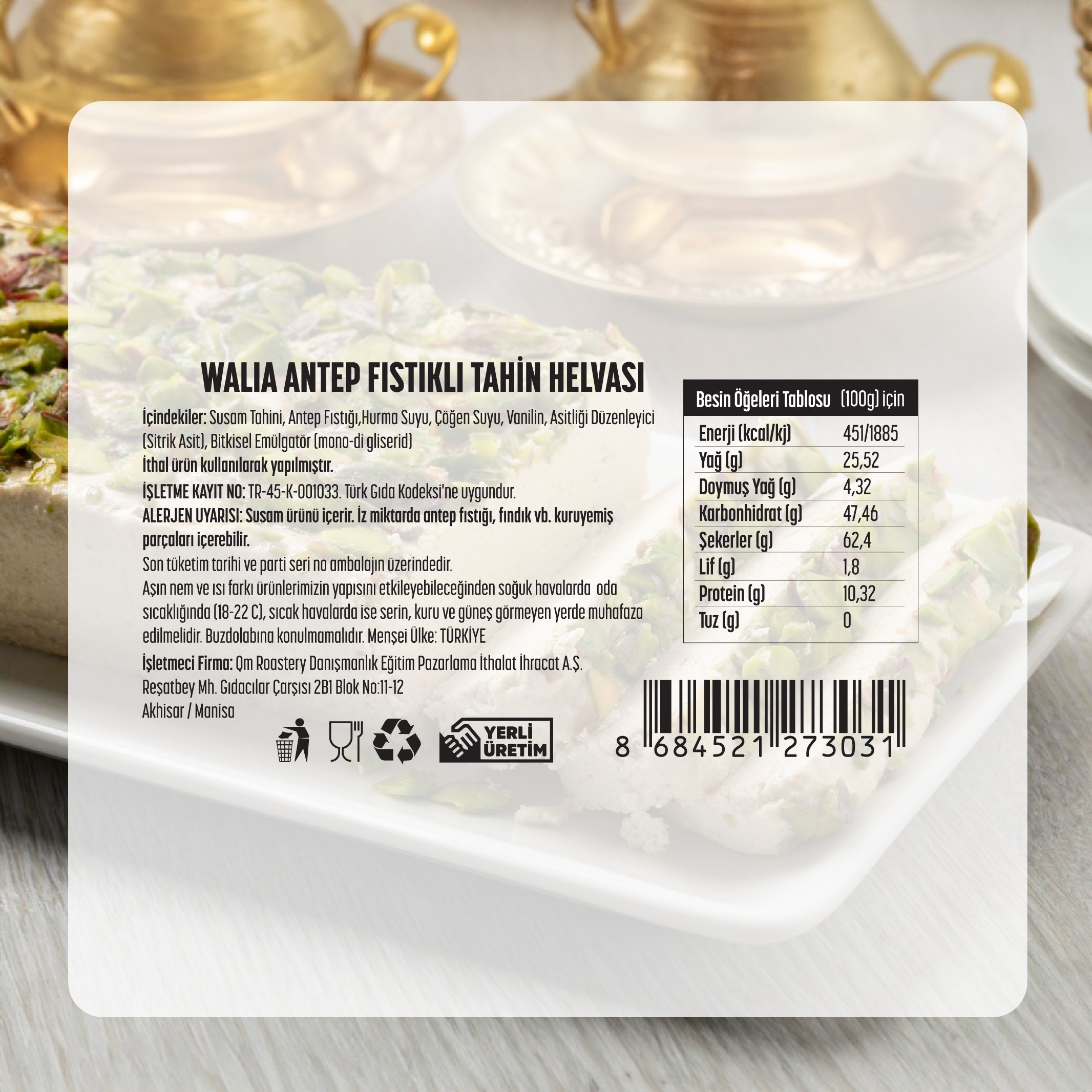 Antep Fıstıklı El Yapımı Tahin Helvası Rafine Şekersiz | 400g – Katkısız, Hurmayla Tatlandırılmış
