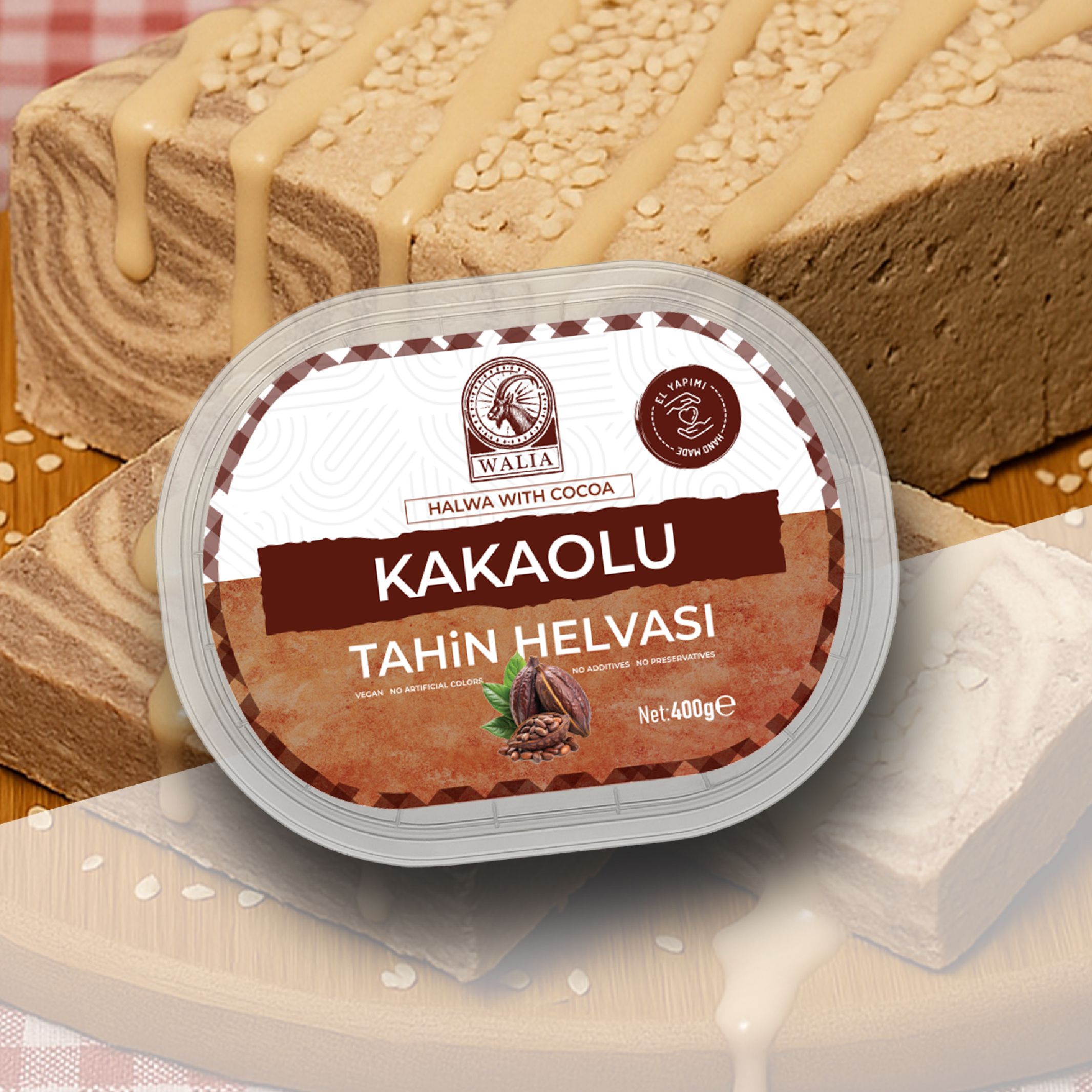 Kakaolu El Yapımı Tahin Helvası Rafine Şekersiz 400g Hurma Suyu ile Tatlandırılmış, Katkısız