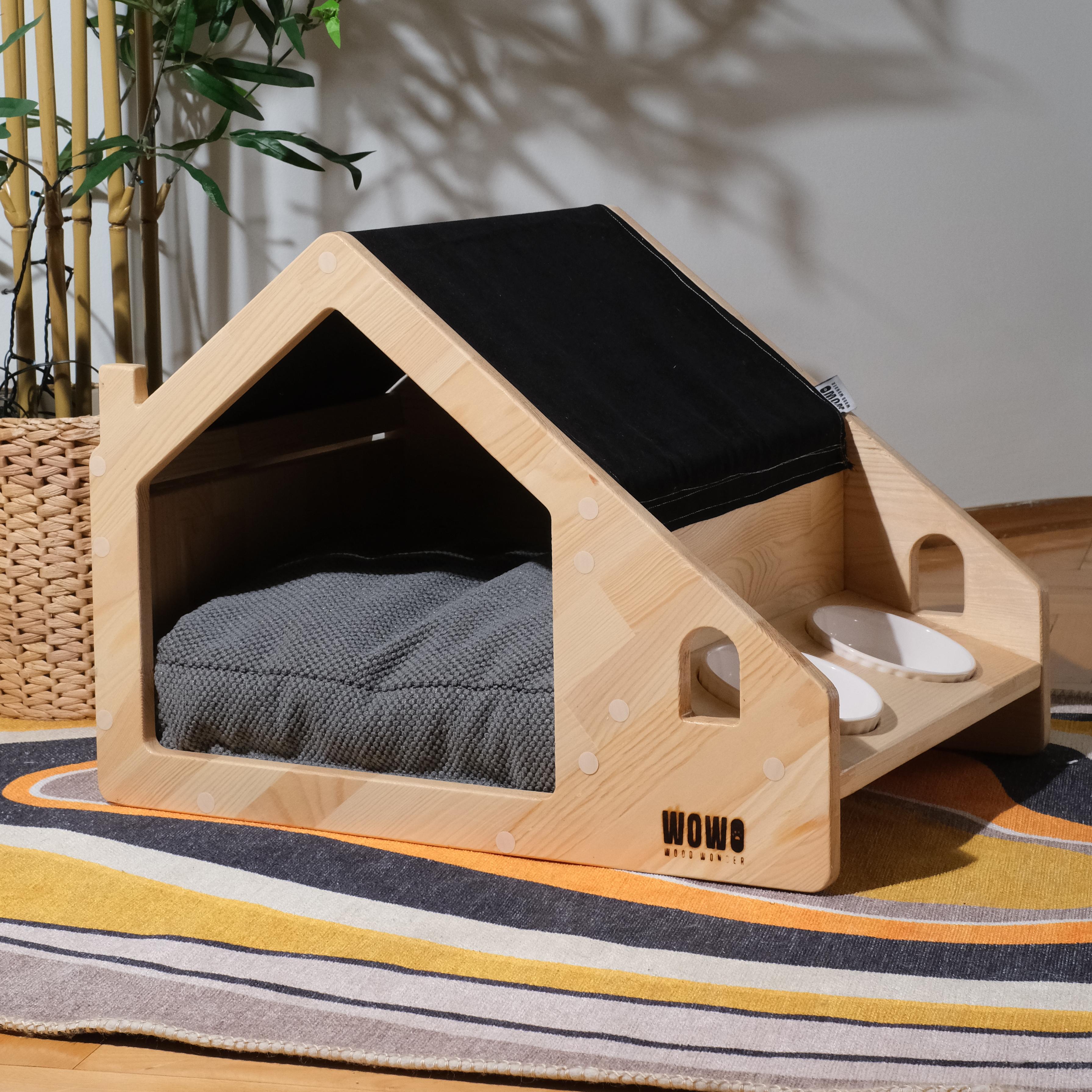 LEİF - Ahşap Mama Standlı Kedi - Köpek Evi - Hayatın Özü Bir Arada