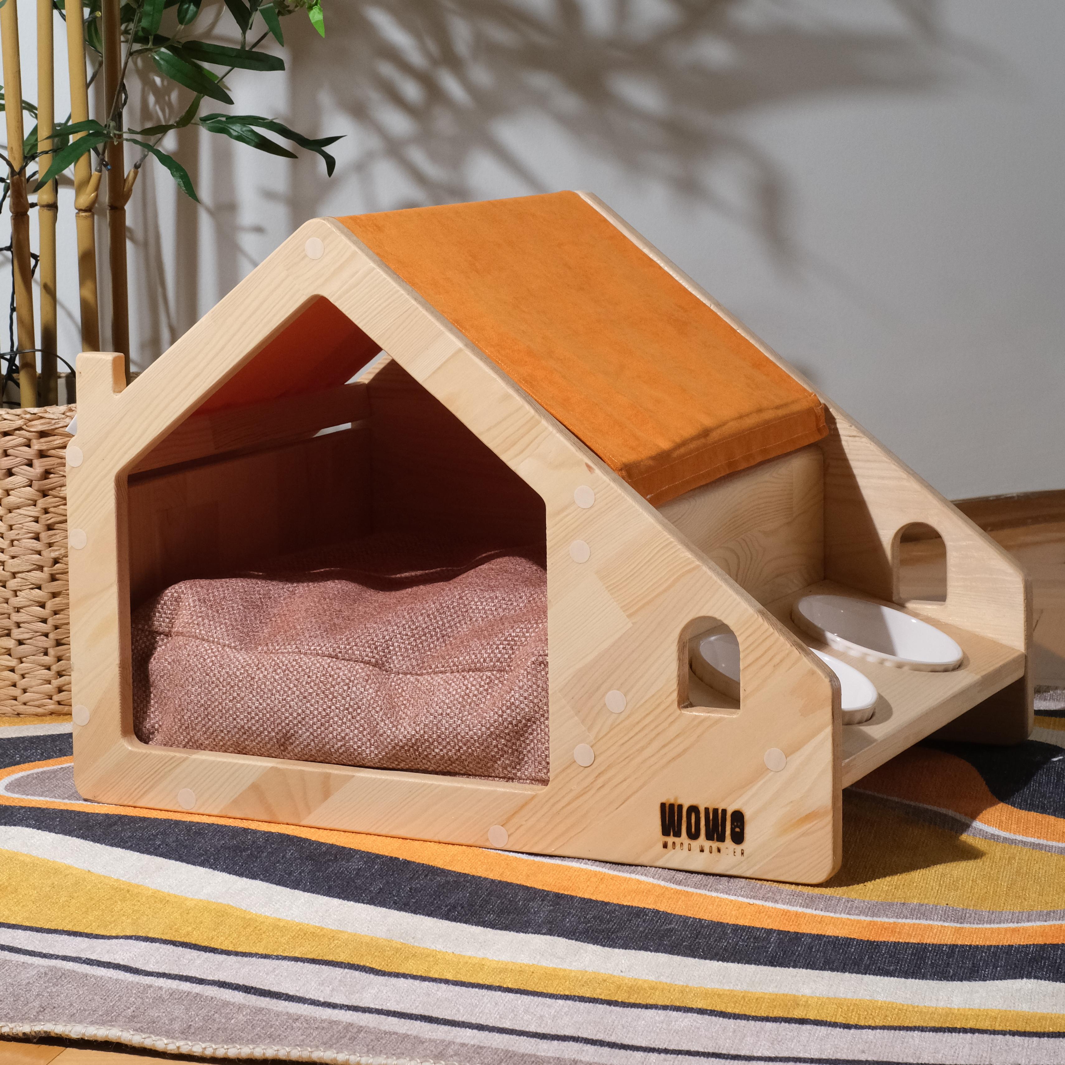 LEİF - Ahşap Mama Standlı Kedi - Köpek Evi - Hayatın Özü Bir Arada