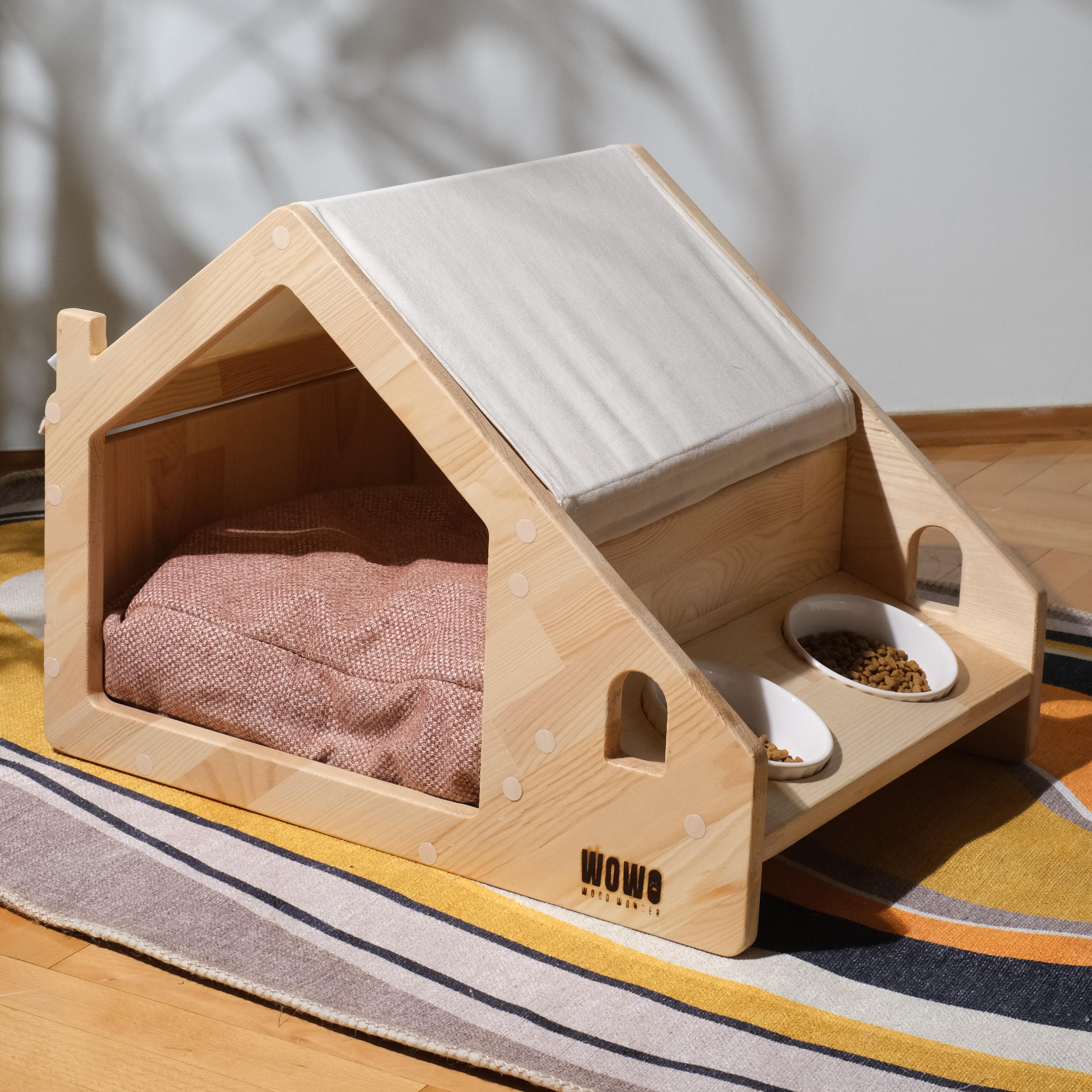 LEİF - Ahşap Mama Standlı Kedi - Köpek Evi - Hayatın Özü Bir Arada