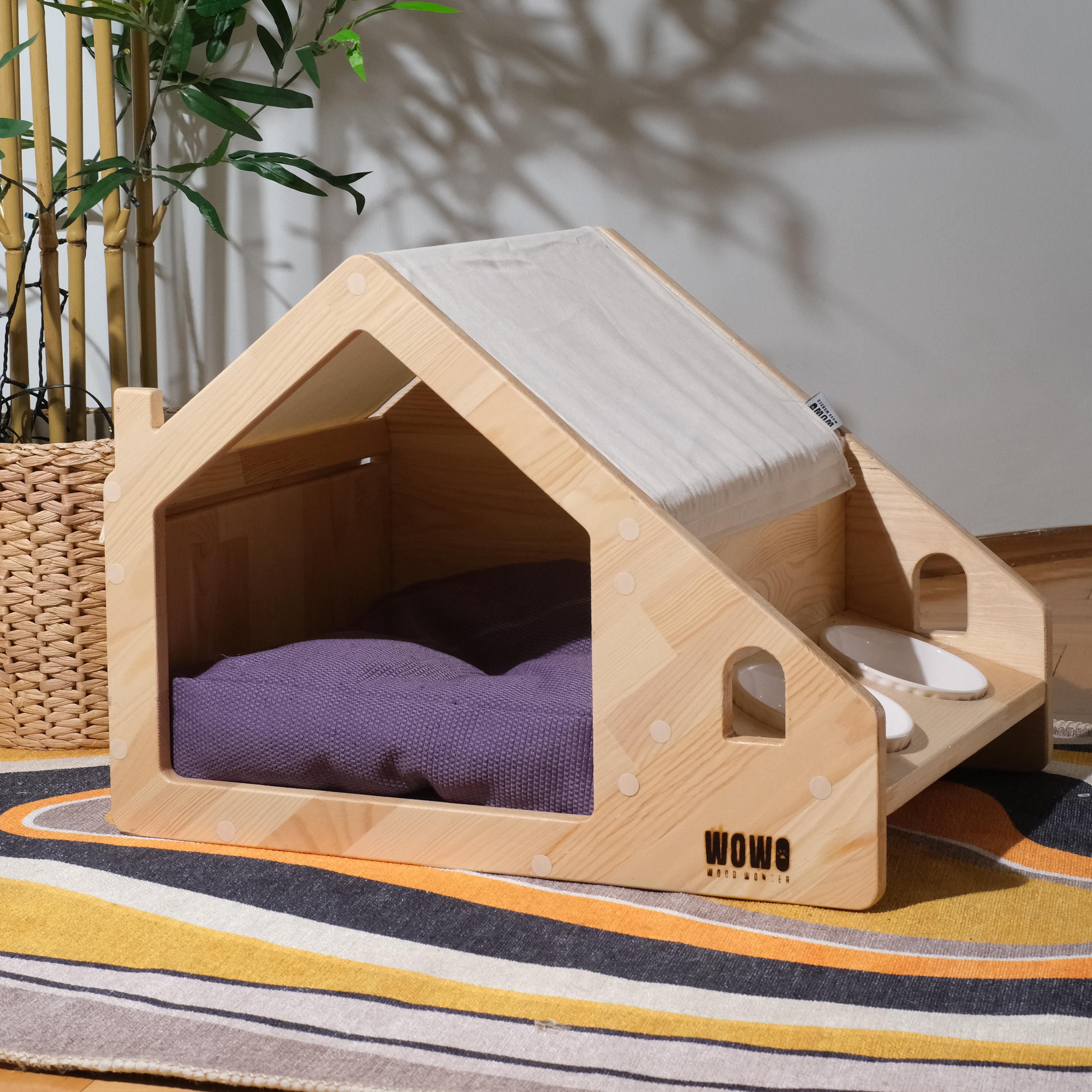 LEİF - Ahşap Mama Standlı Kedi - Köpek Evi - Hayatın Özü Bir Arada