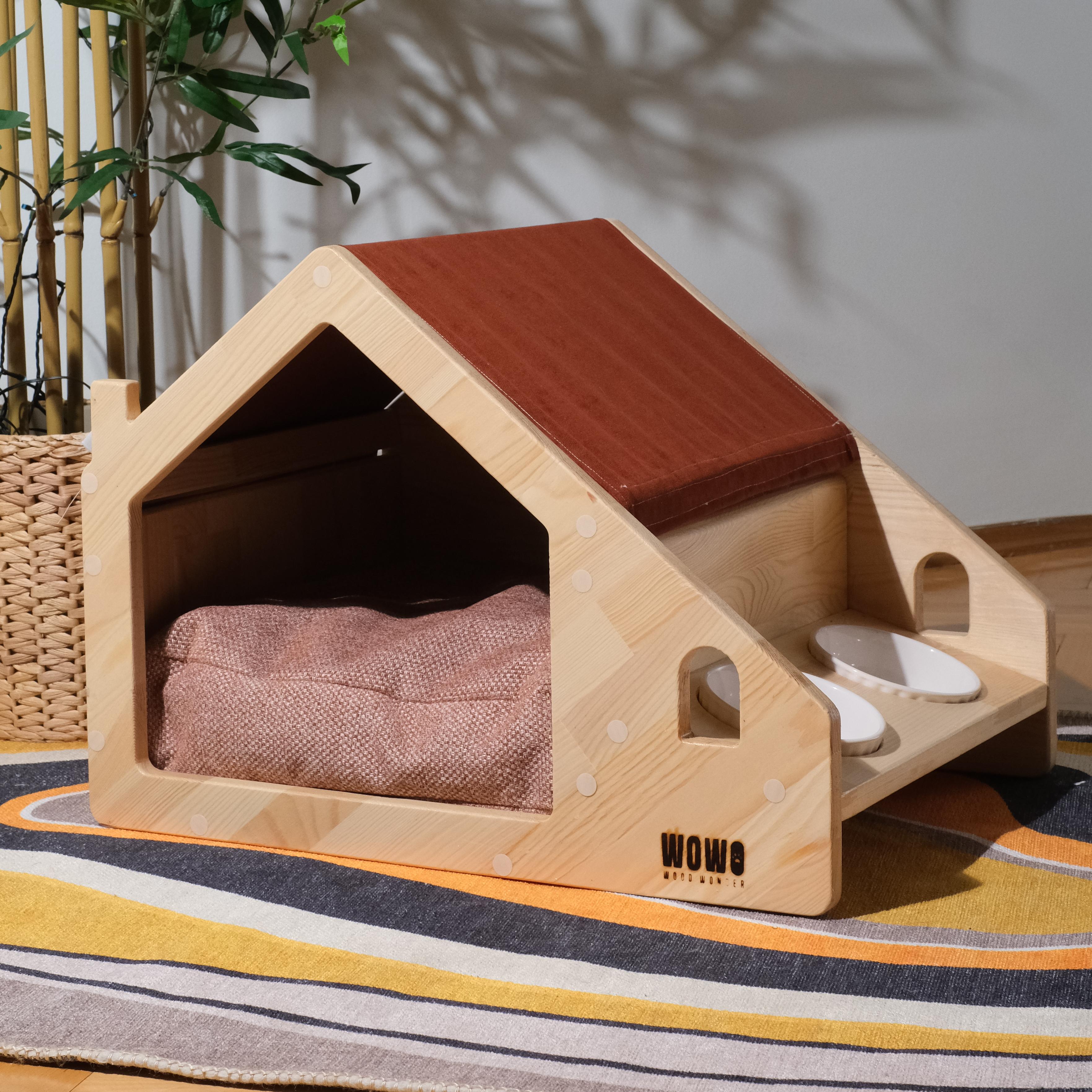 LEİF - Ahşap Mama Standlı Kedi - Köpek Evi - Hayatın Özü Bir Arada