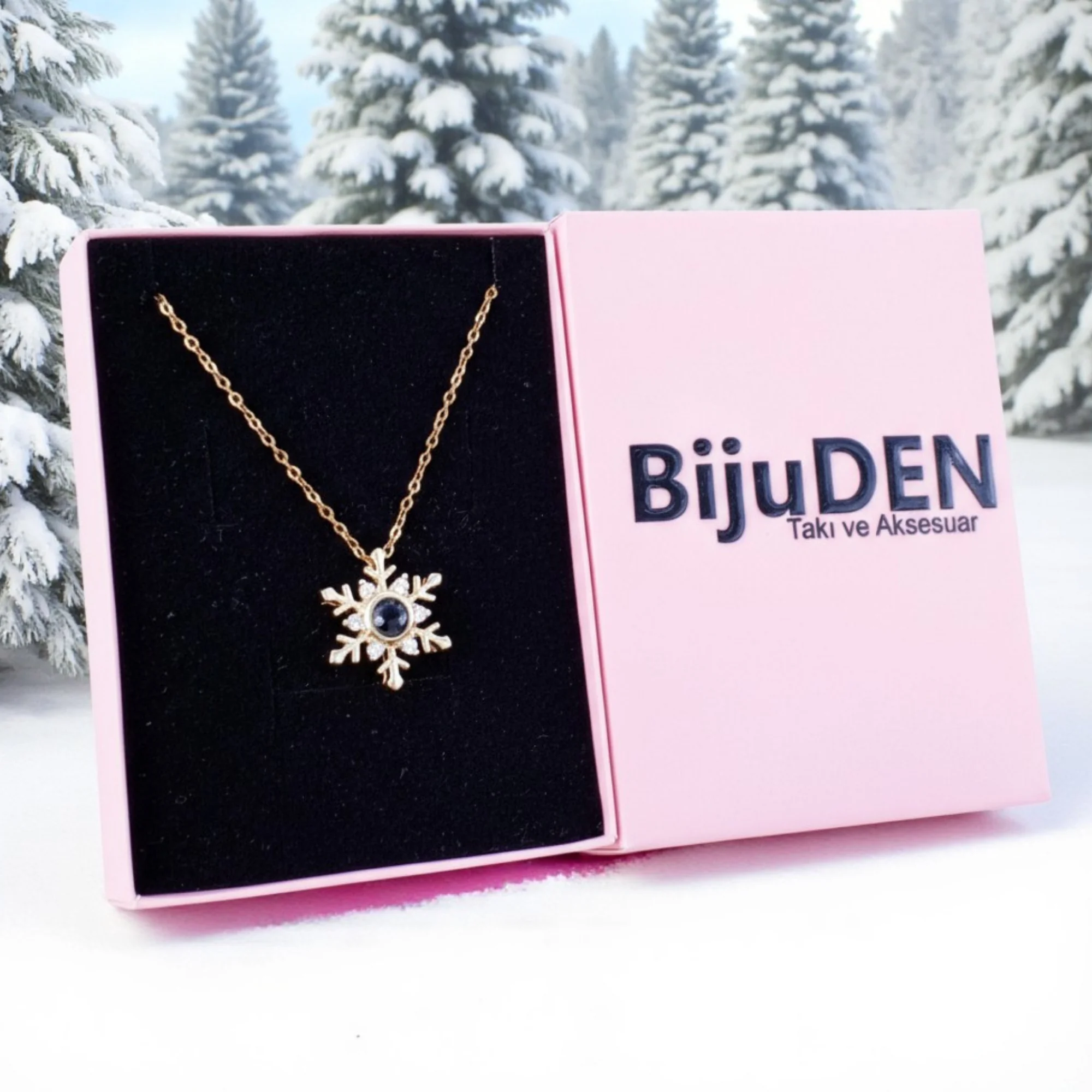 Kar Tanesi Projeksiyon Kolye  100 Dilde Seni Seviyorum  Gold Çelik ve Zirkon Taşlı