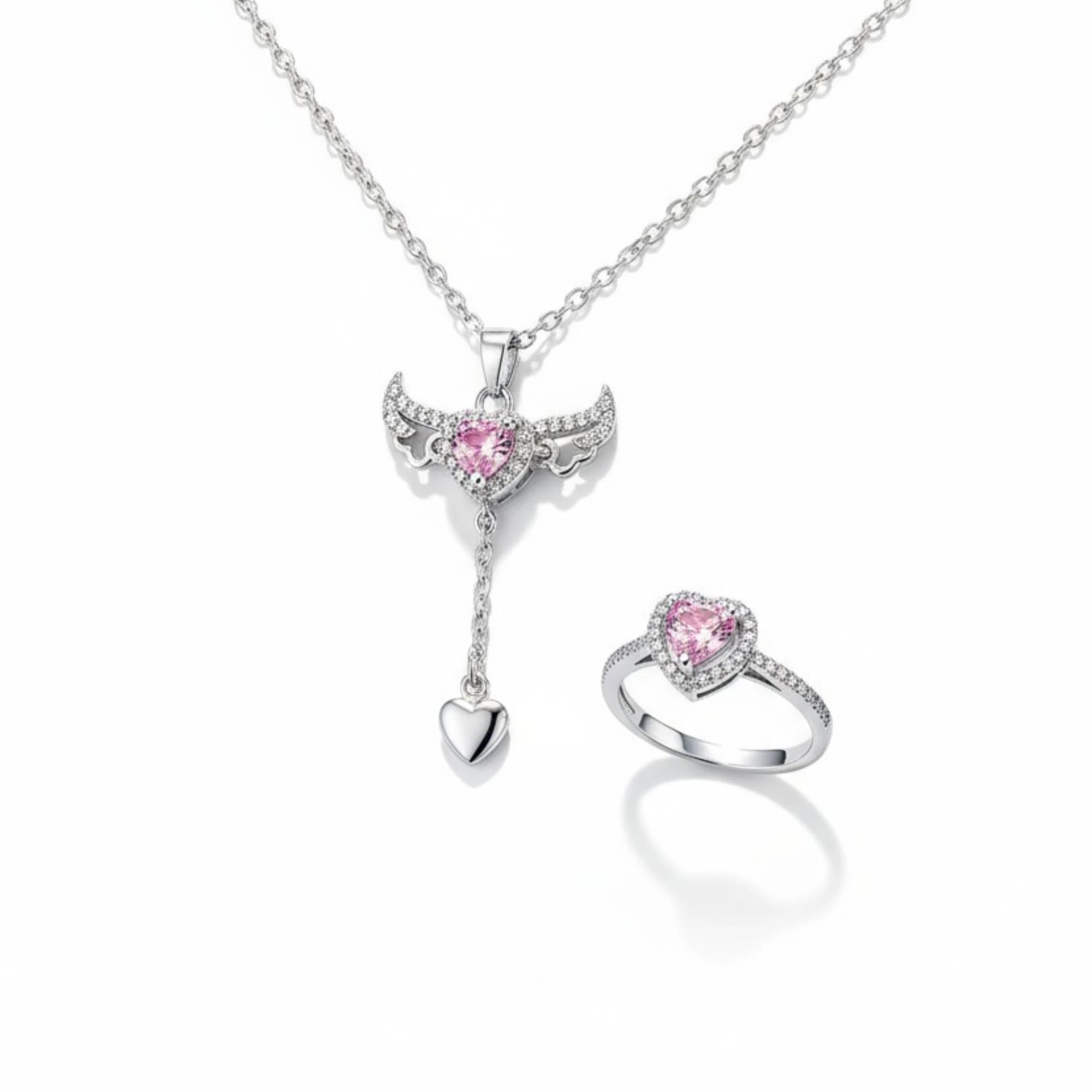 Hareketli Kanatlı Melek Kalp Kolye ve Ciddi İlişki Yüzüğü Seti | GÜMÜŞ