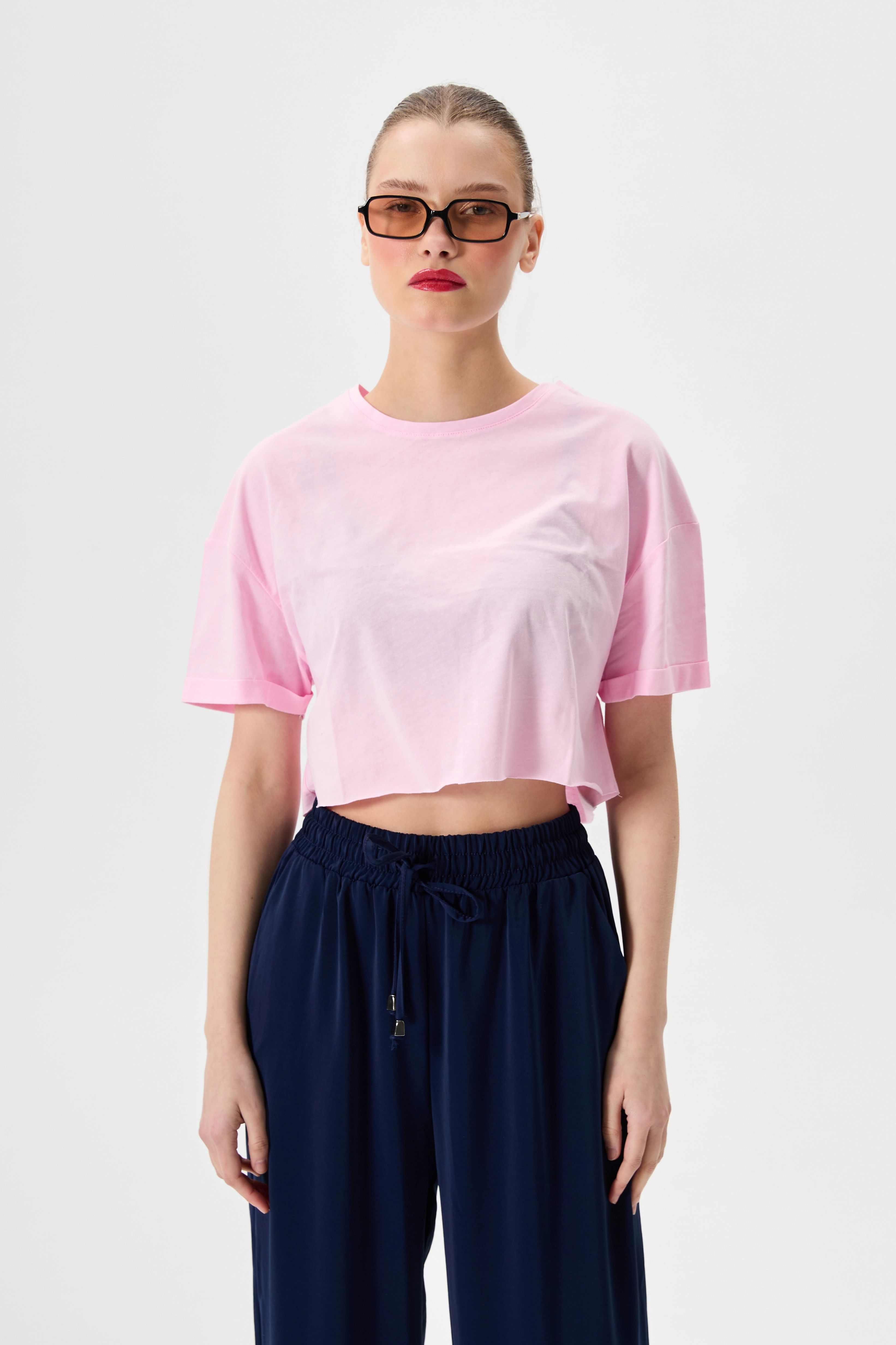 Bisiklet Yaka Crop Tişört  - Pembe