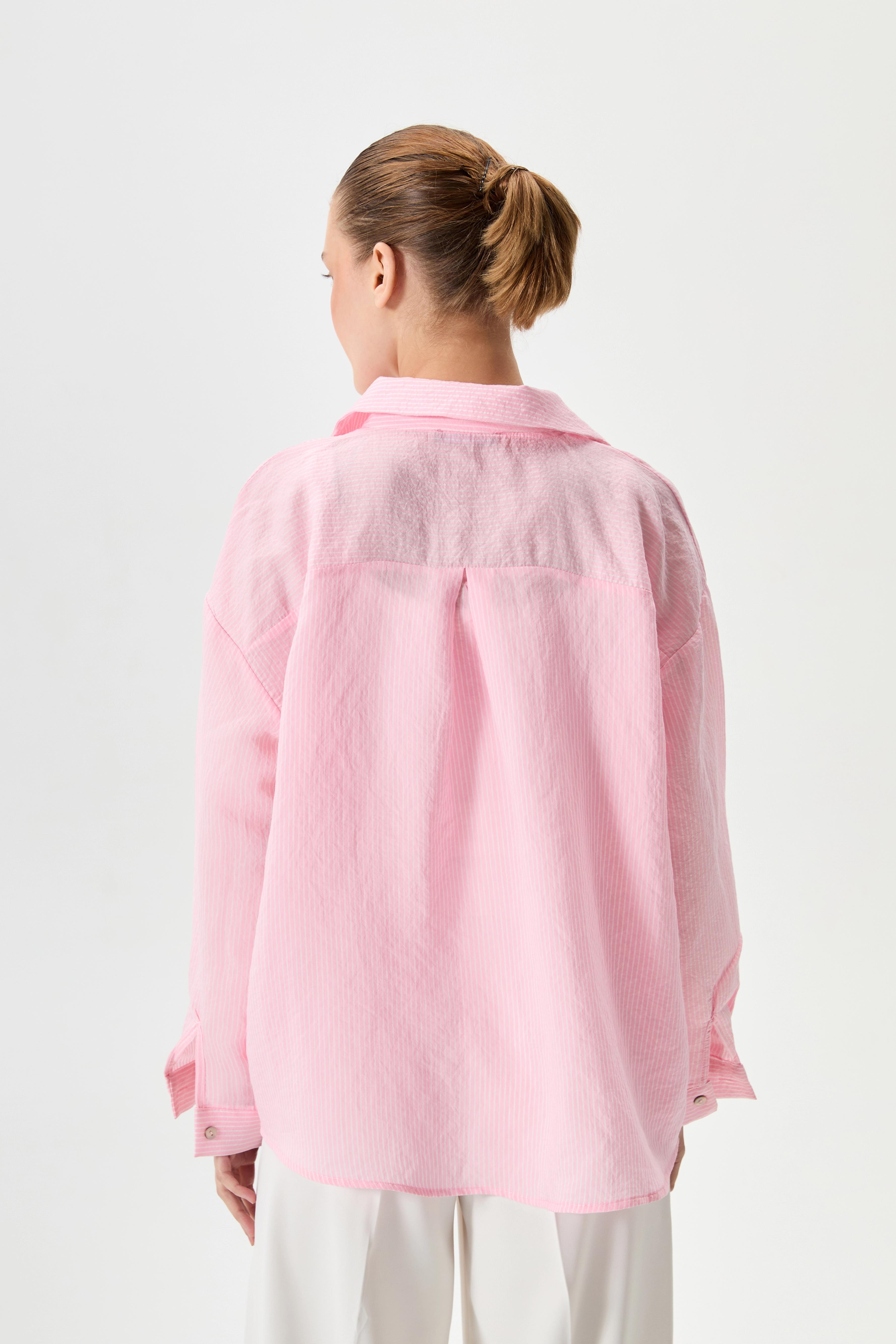 Oversize Çizgili Gömlek - Pembe