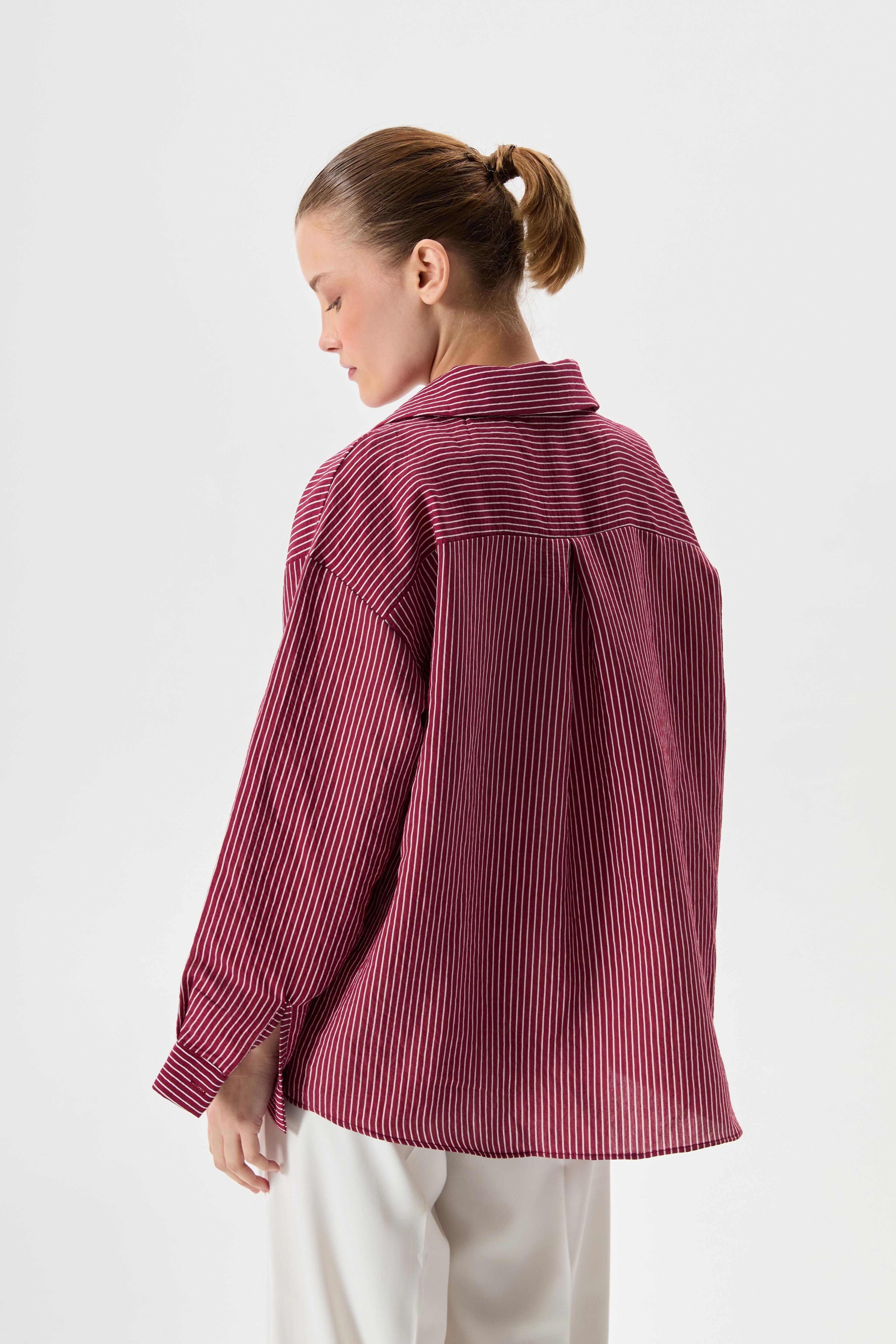 Oversize Çizgili Gömlek - Bordo
