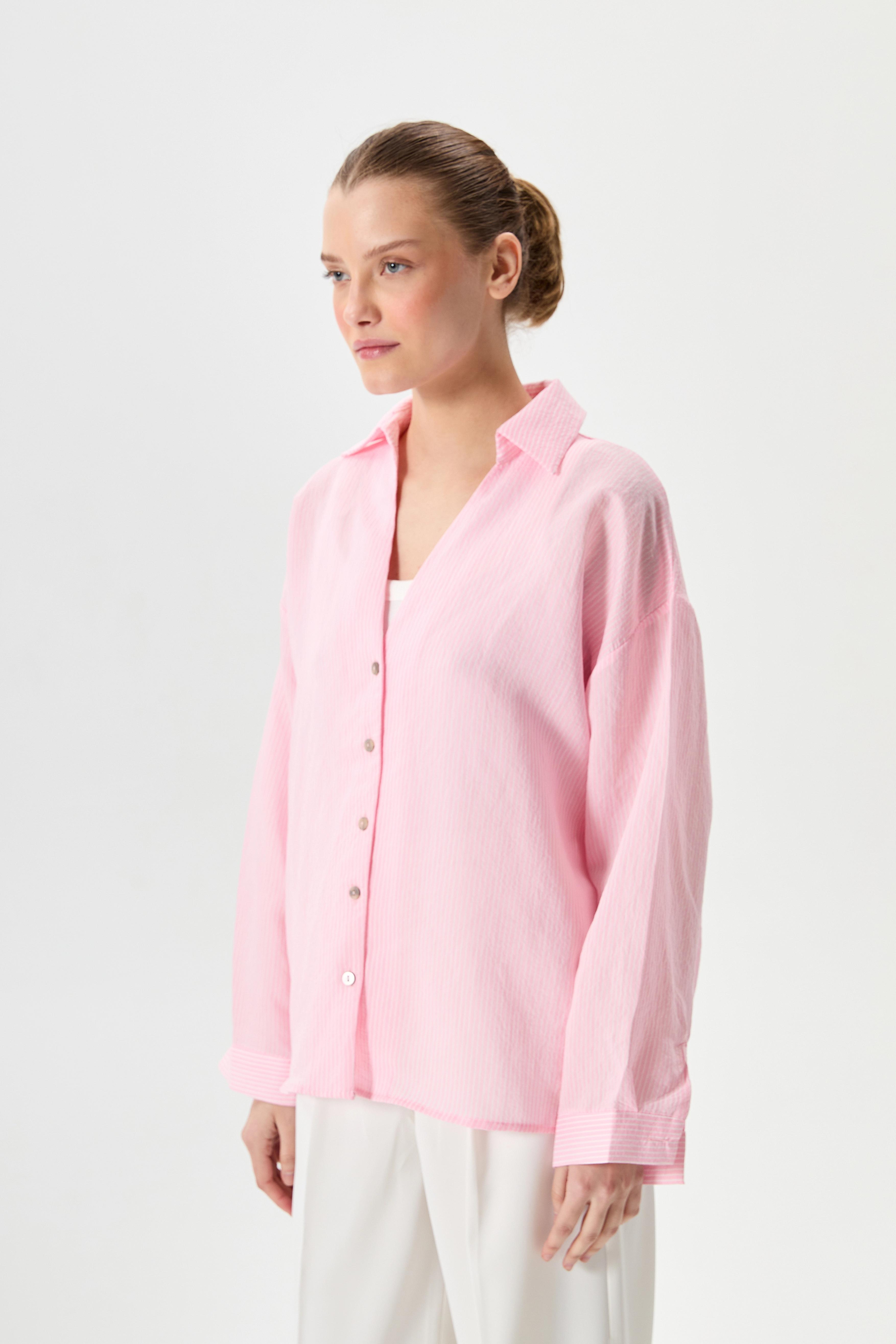 Oversize Çizgili Gömlek - Pembe