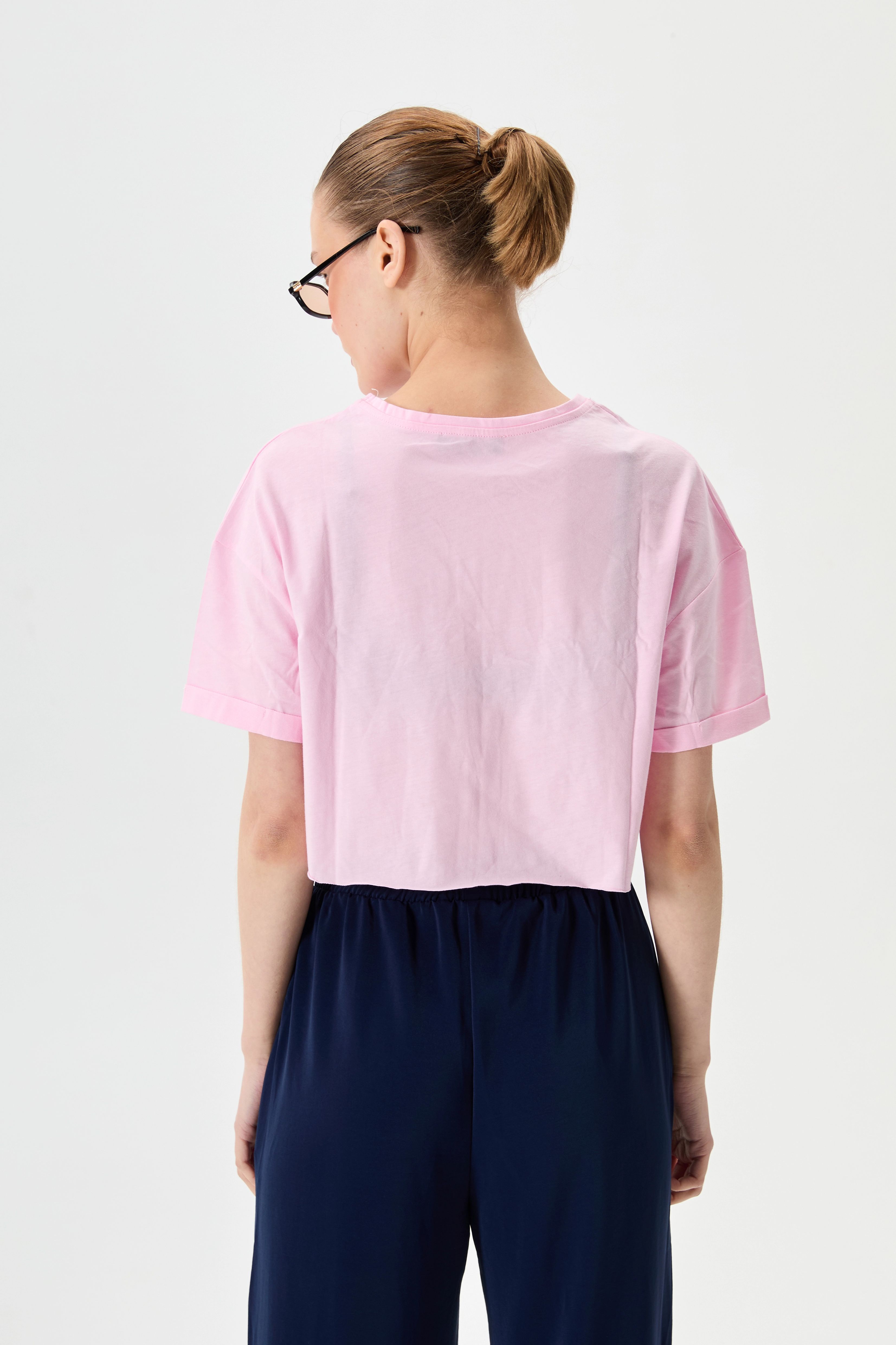 Bisiklet Yaka Crop Tişört  - Pembe