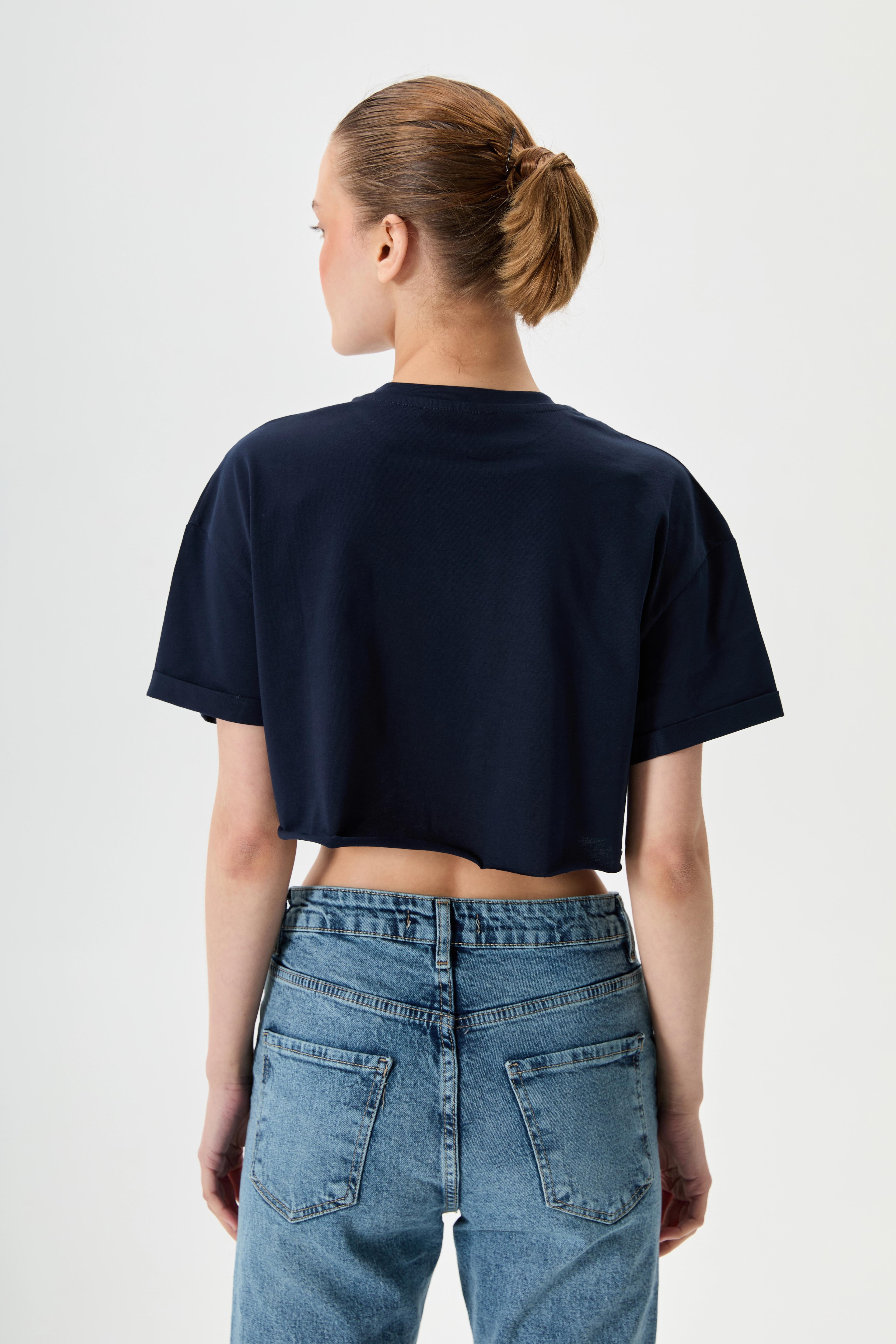 Bisiklet Yaka Crop Tişört  - Lacivert