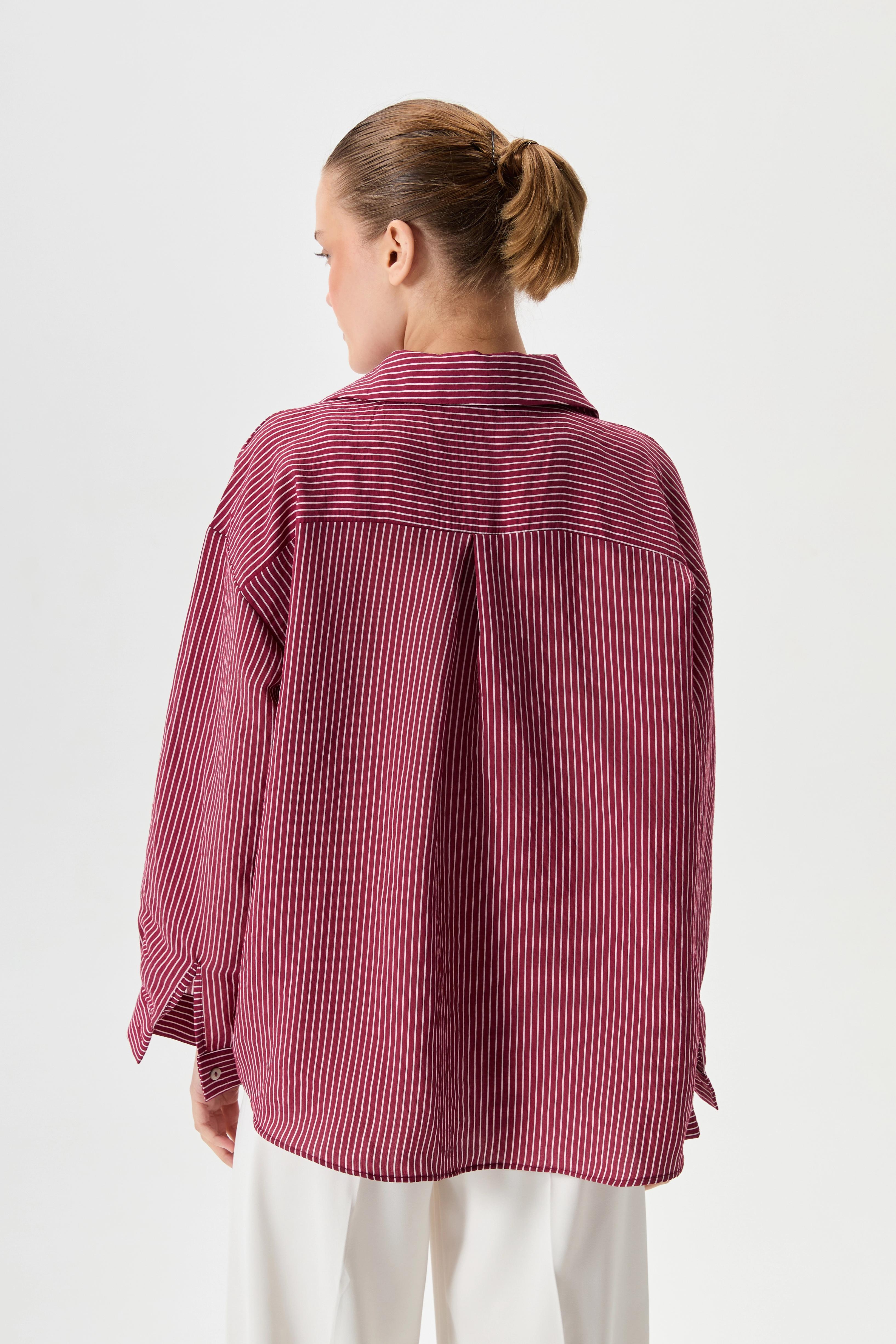 Oversize Çizgili Gömlek - Bordo