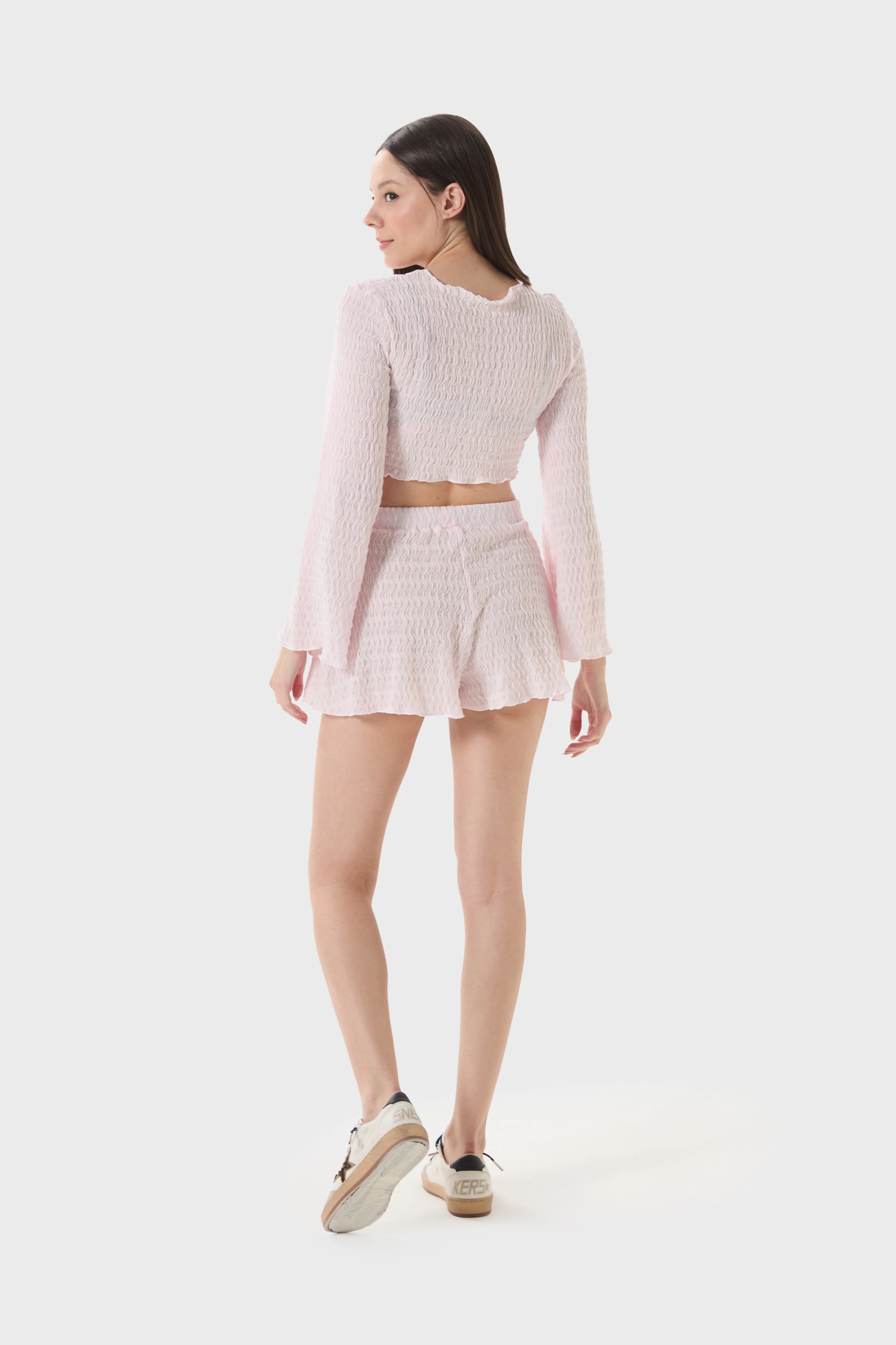 Dokulu Pudra Crop Top-Şort Takım