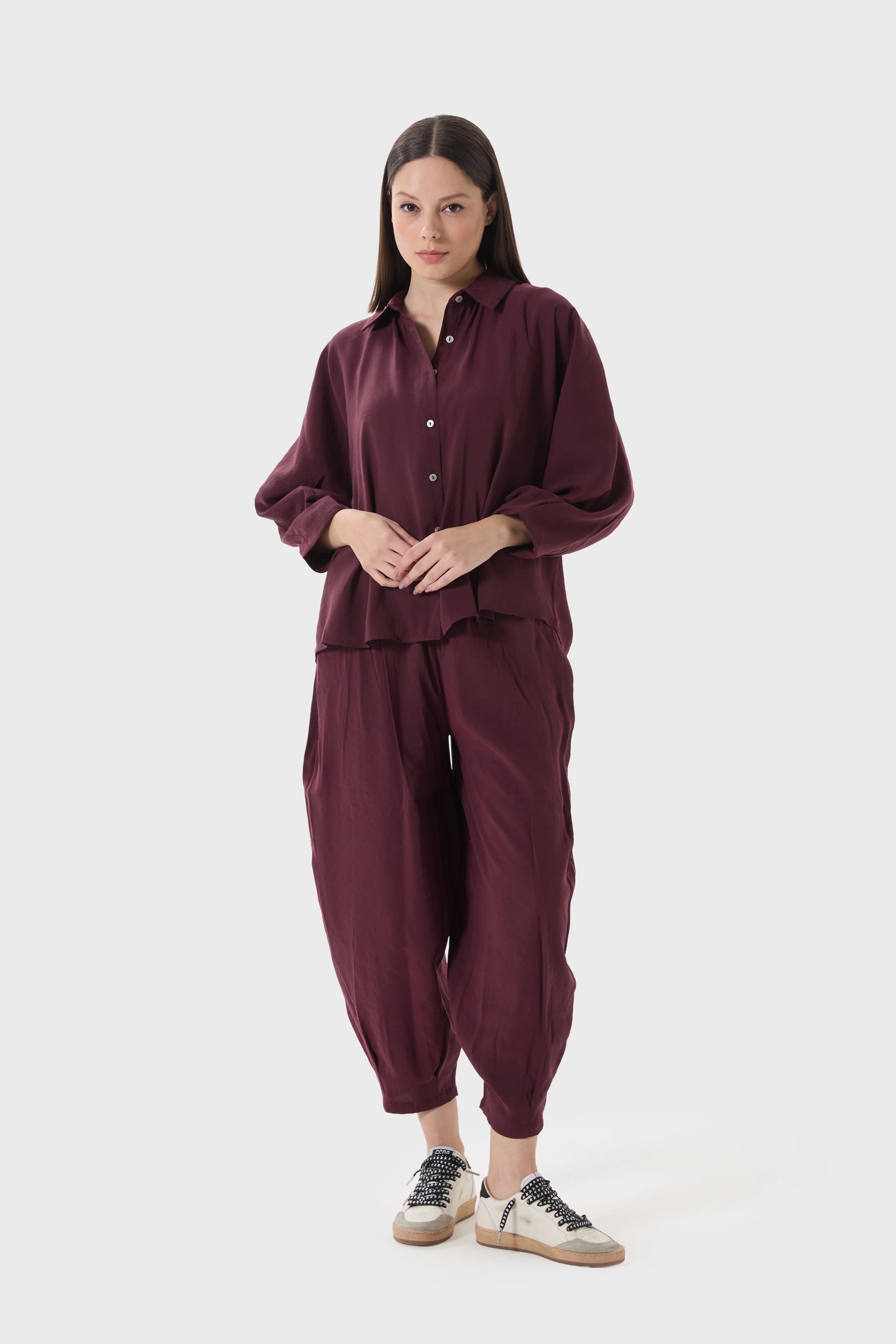 Tensel Oversize Gömlek - Bordo