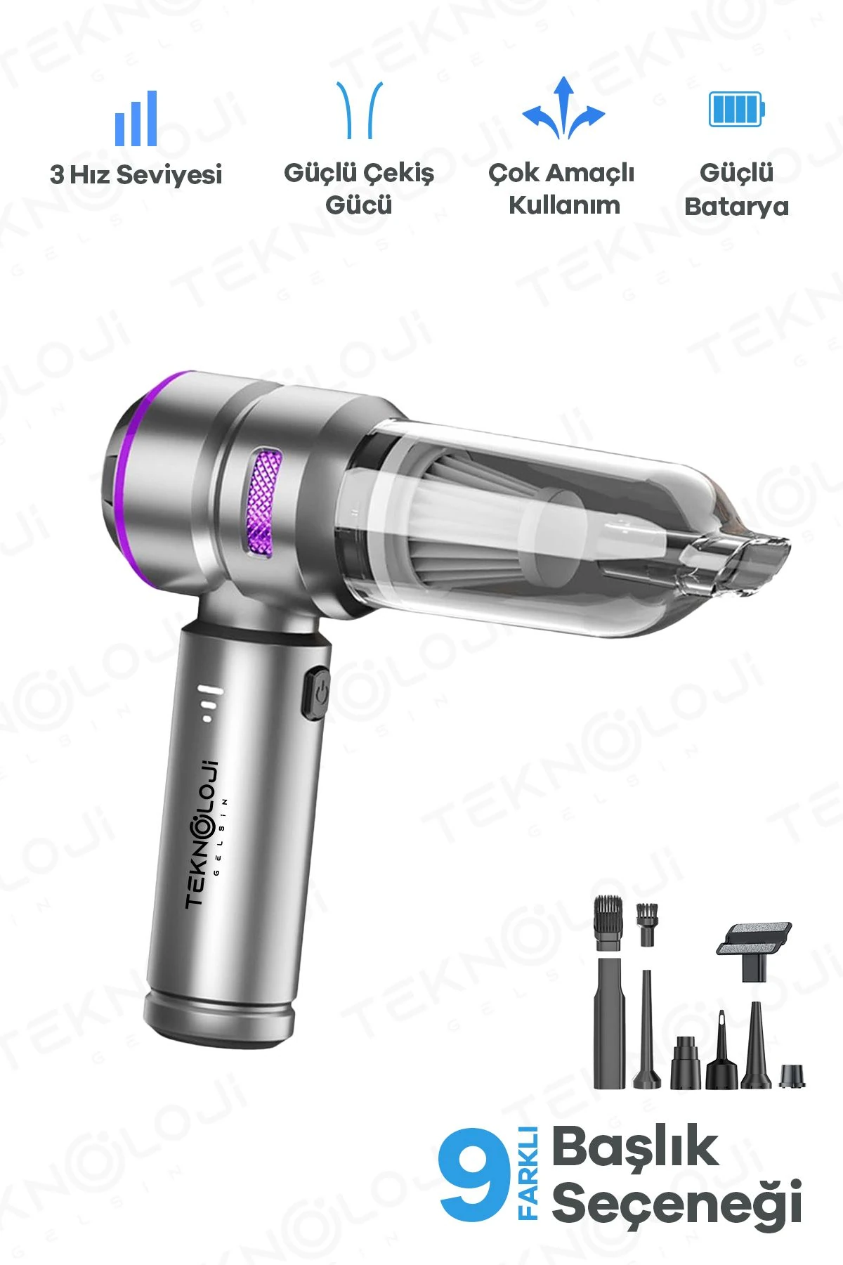 Araç İçi Süpürge El tipi Portatif 16.000 Pa Extra Vakum Güçlü ve Üflemeli 3 Kademeli