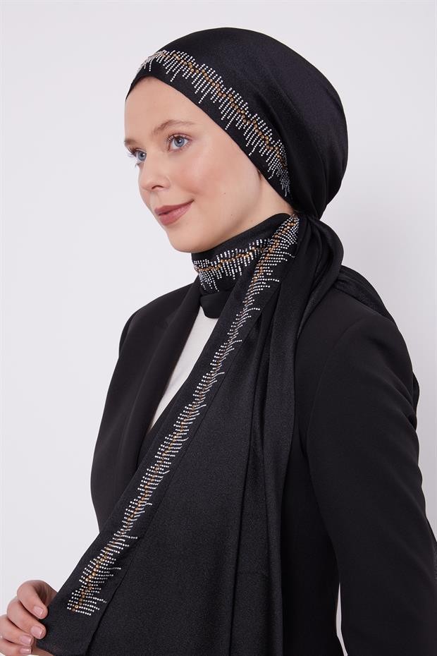 LevidorSiyah-Gold Çubuk Şeritli Diamond Şal