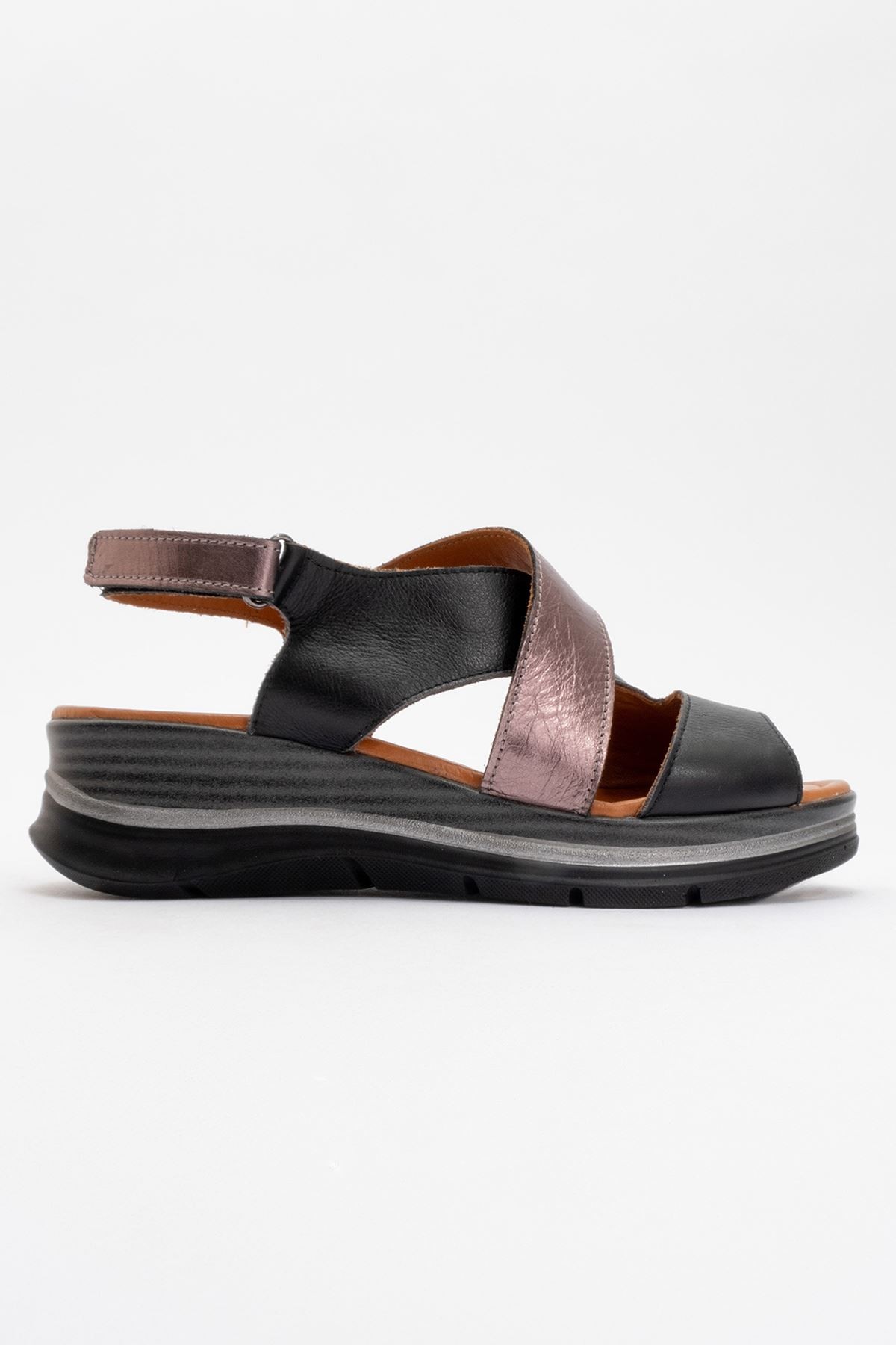 Silviana Kaplama Deri Sandalet Siyah-Bronz