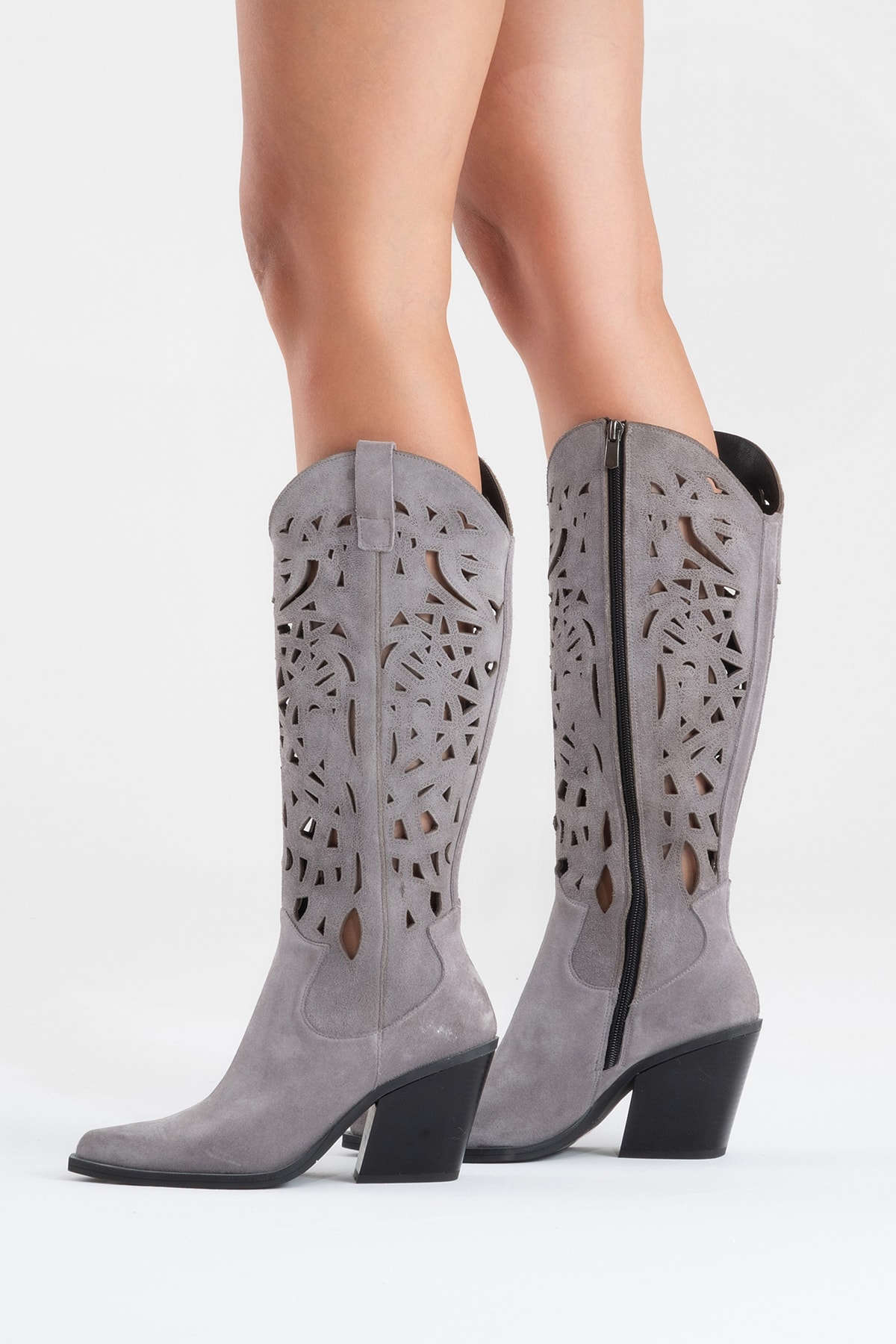 Harlina Kadın Hakiki Deri Gri Süet Western Bot