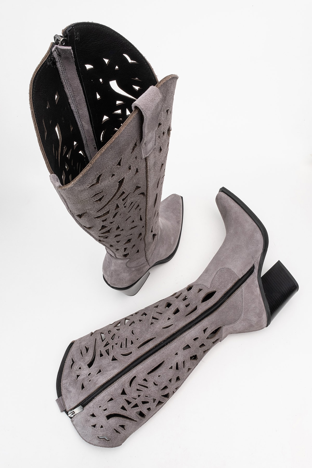 Harlina Kadın Hakiki Deri Gri Süet Western Bot