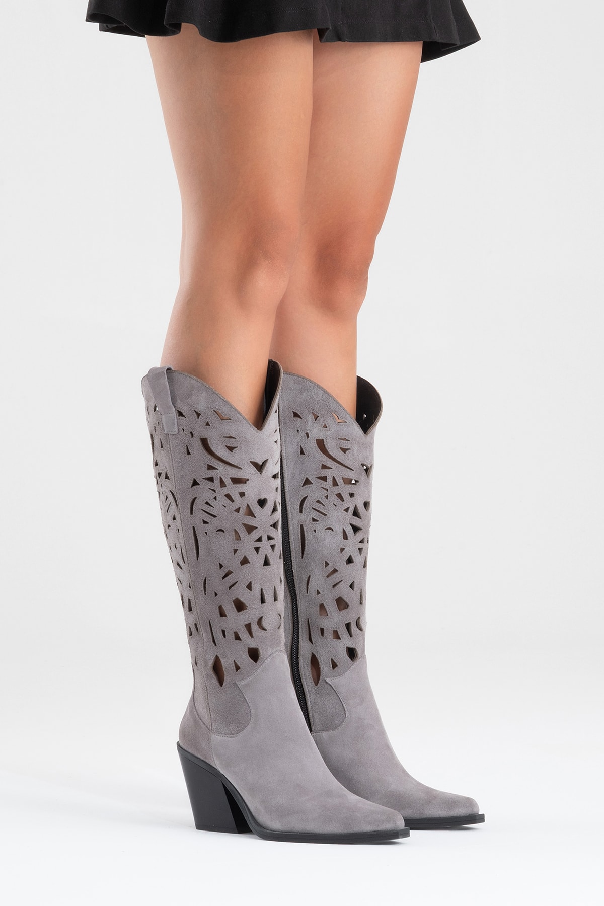 Harlina Kadın Hakiki Deri Gri Süet Western Bot