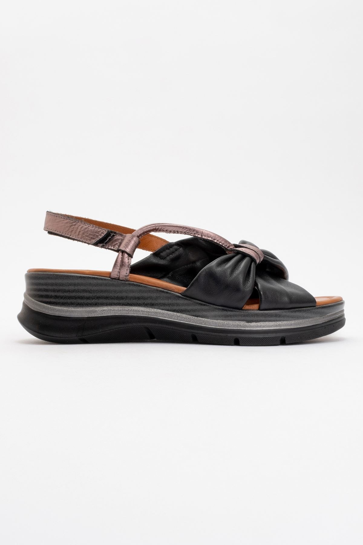 Senway Kaplama Deri Sandalet Siyah-Bronz