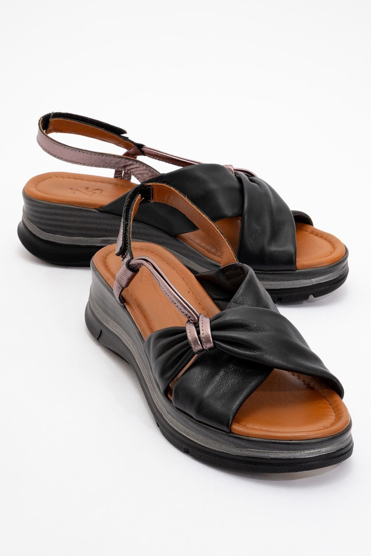 Senway Kaplama Deri Sandalet Siyah-Bronz
