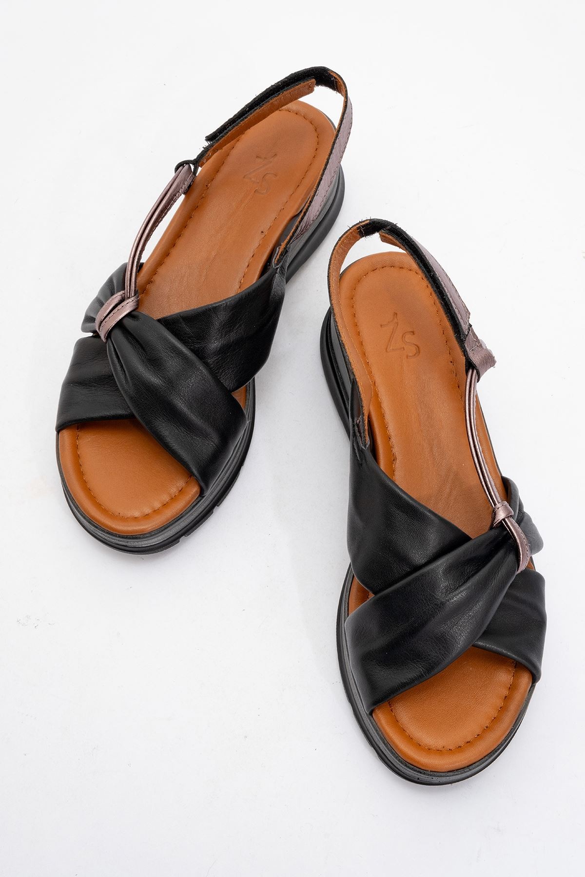Senway Kaplama Deri Sandalet Siyah-Bronz