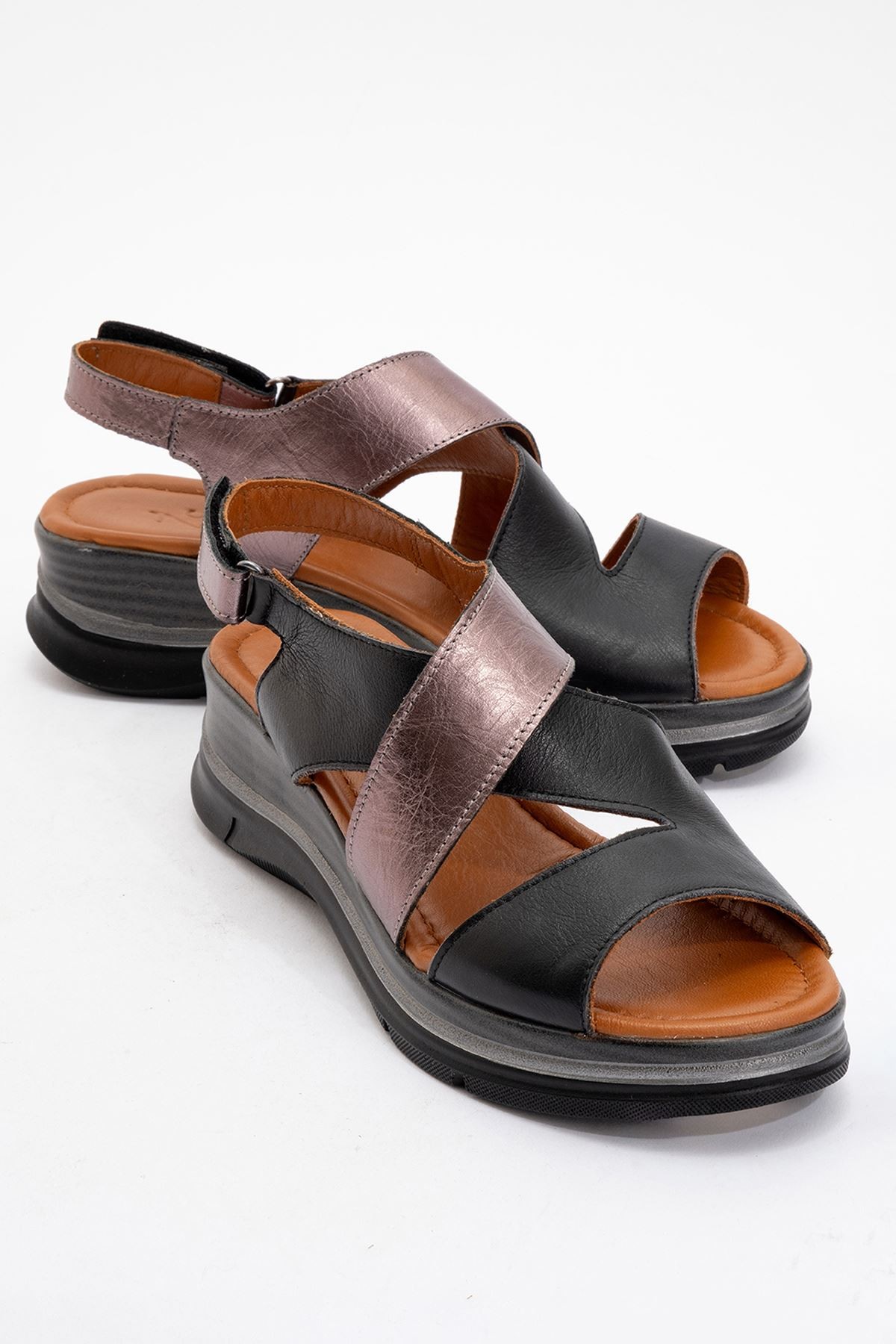 Silviana Kaplama Deri Sandalet Siyah-Bronz