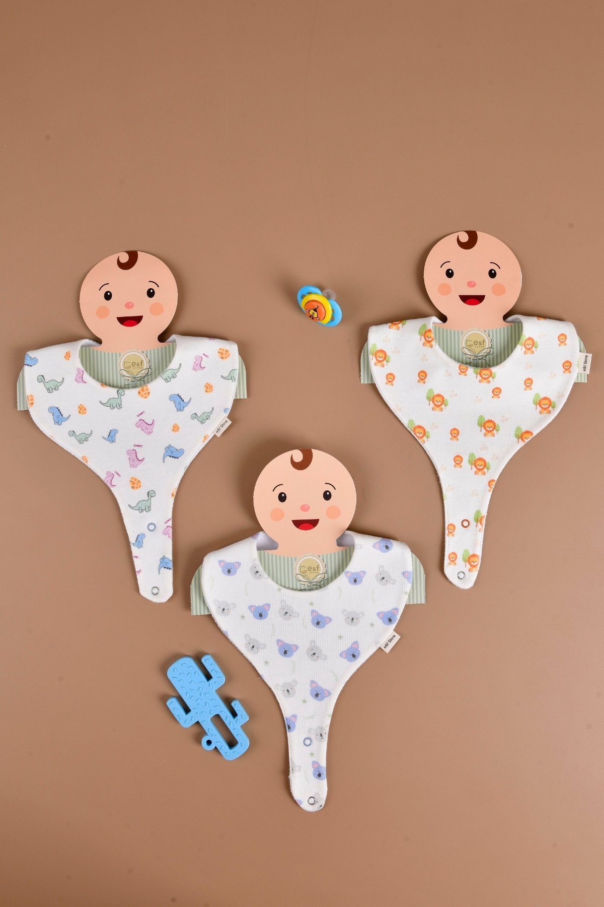 Erkek Bebek 3'lü Sıvı Geçirmez Emzik Tutucu Mama Önlüğü