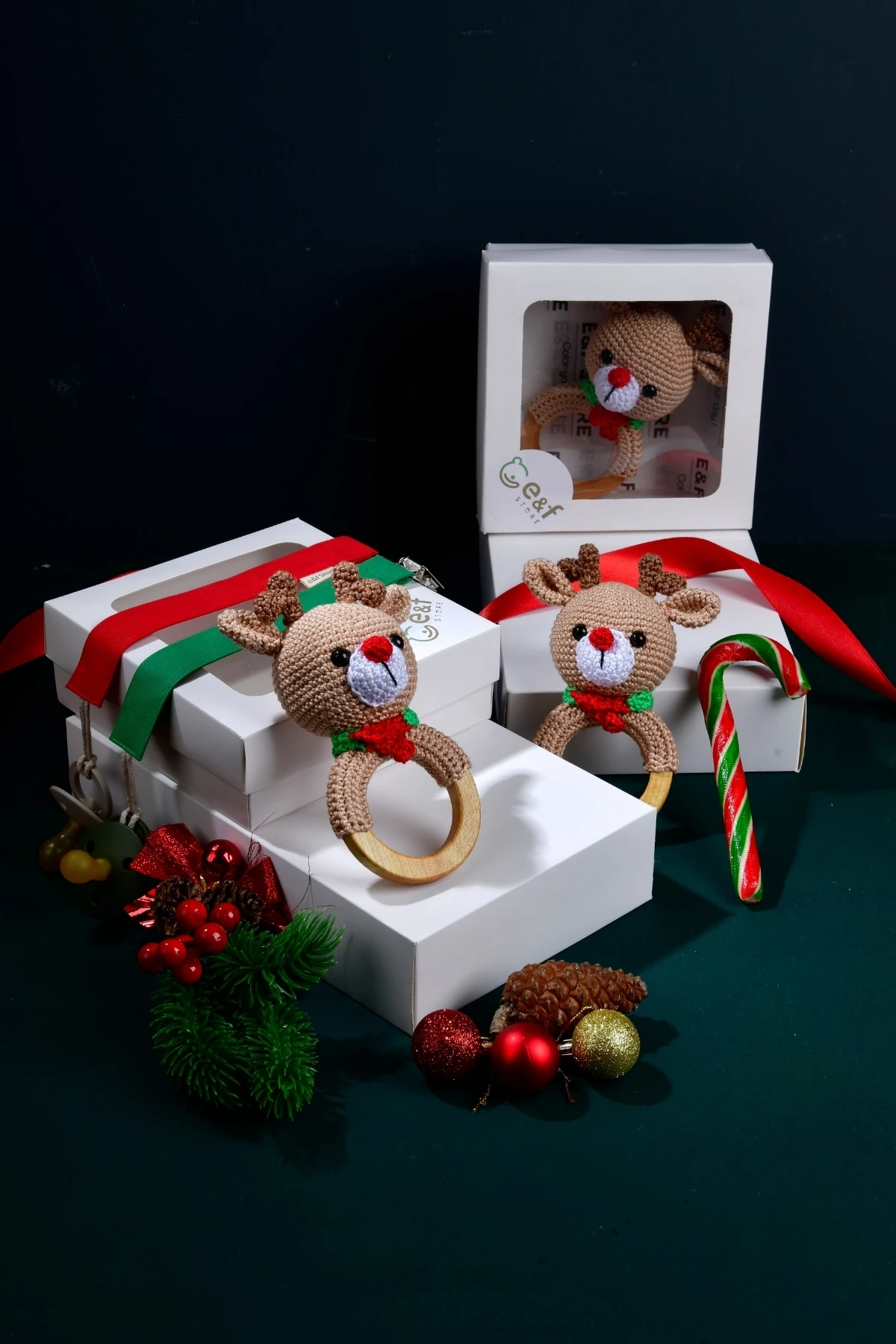 Amigurumi Geyik Çıngırak ve Emzik Askısı Yılbaşı Seti