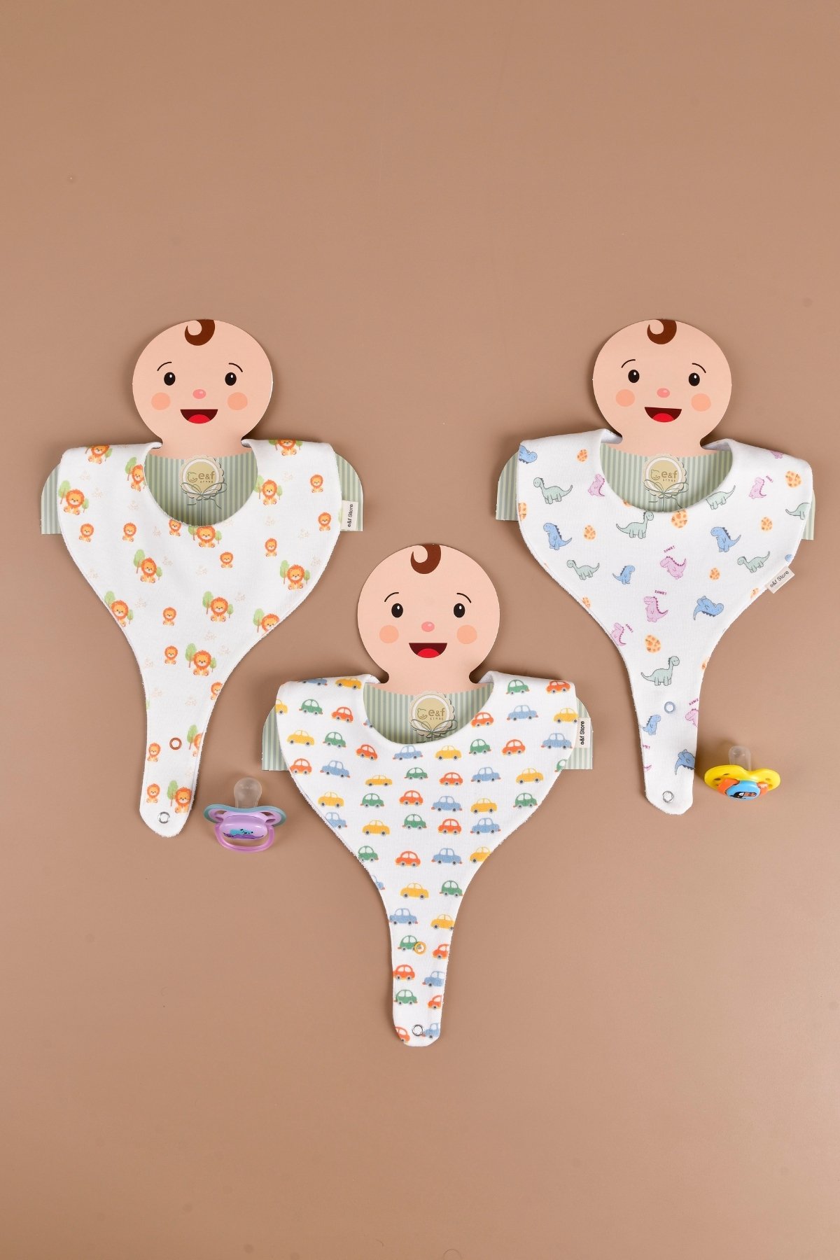 Erkek Bebek 3'lü Sıvı Geçirmez Emzik Tutucu Mama Önlüğü