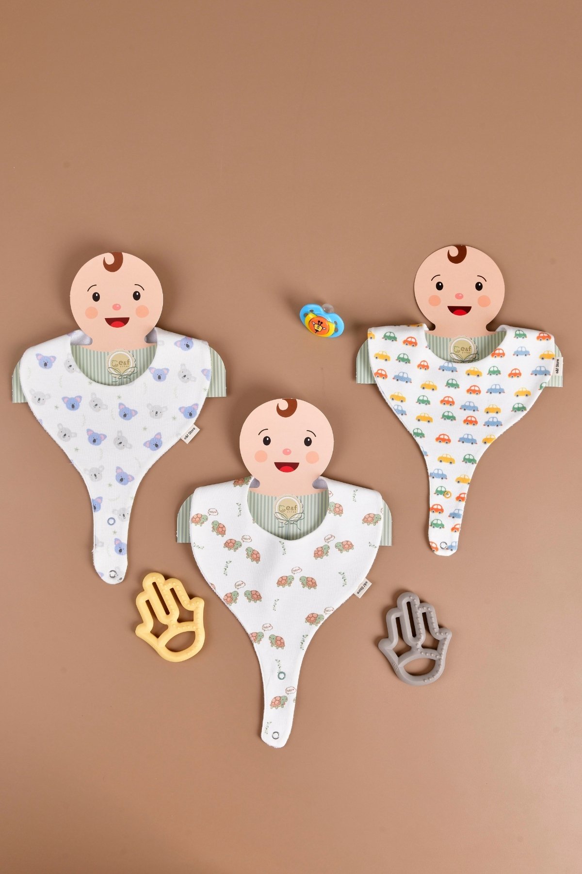 Erkek Bebek 3'lü Sıvı Geçirmez Emzik Tutucu Mama Önlüğü