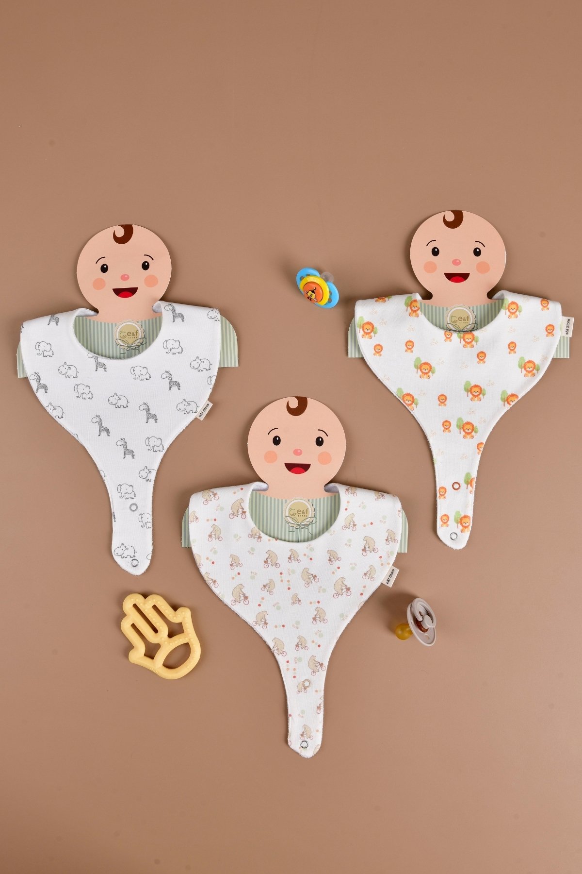 Erkek Bebek 3'lü Sıvı Geçirmez Emzik Tutucu Mama Önlüğü